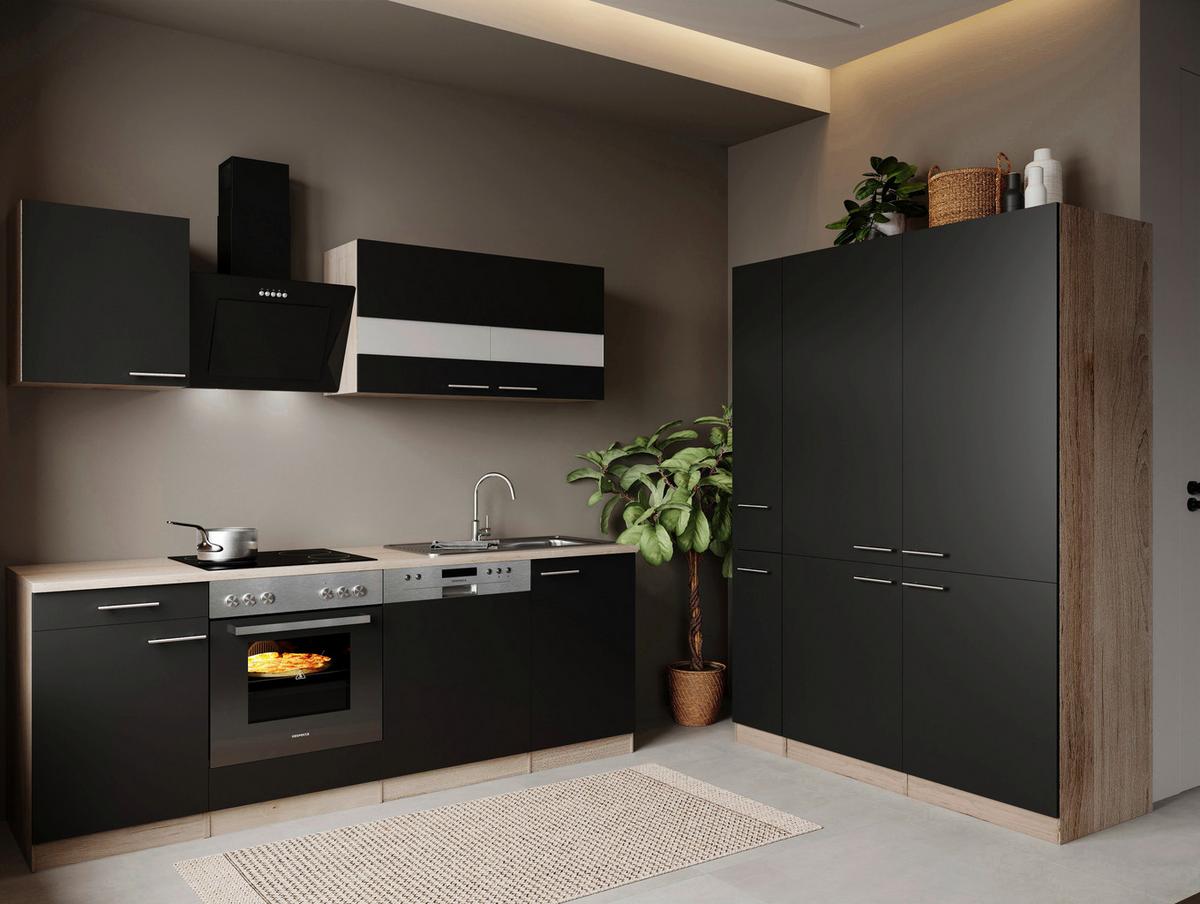 Küchenblock Merle m. Geräten Schwarz - Edelstahlfarben/Eichefarben, Trend, Holzwerkstoff/Metall (370cm) - Respekta