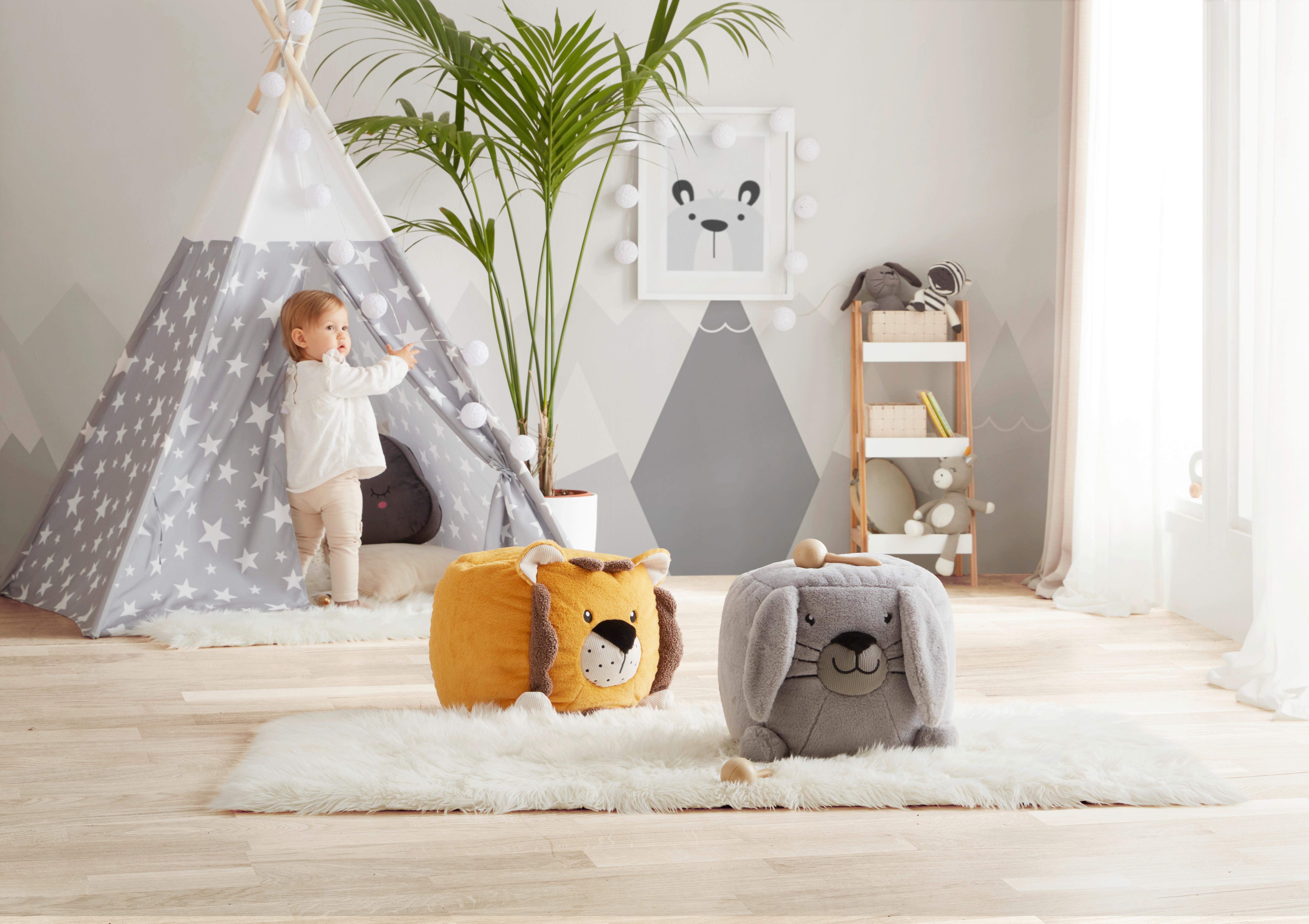 Kinderhocker Sally Löwe Kunstpelz braun/gelb - Dunkelgelb, KONVENTIONELL, Textil (40/30/40cm) - Premium Living