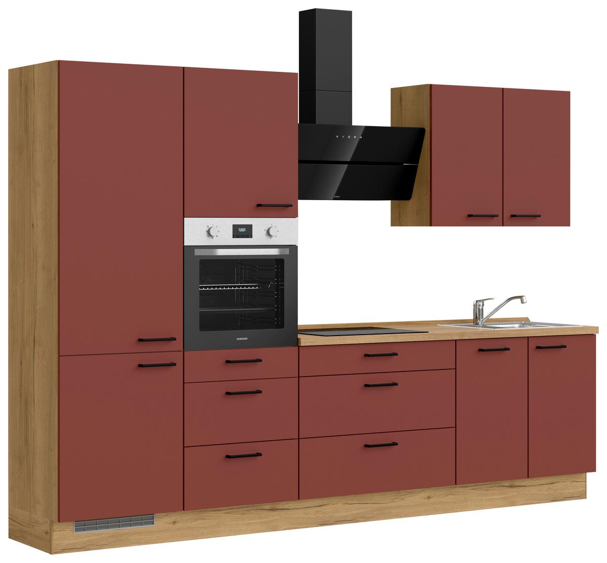 Küchenblock Easytouch High m. Geräten Dunkelrot - Eichefarben/Schwarz, MODERN, Holzwerkstoff/Metall (300cm) - Nobilia