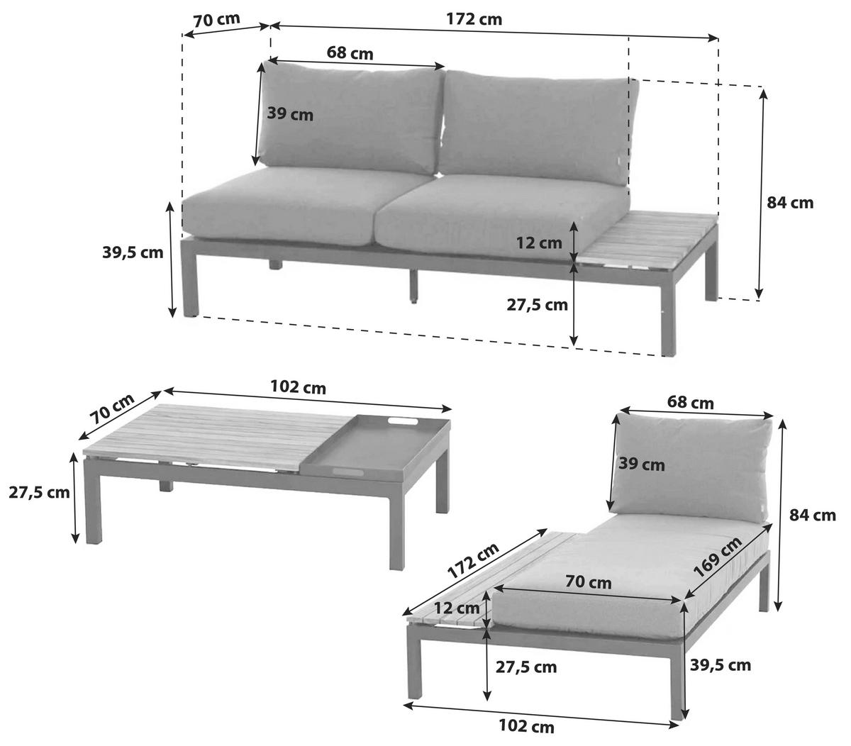 Modul-Loungegarnitur 3-tlg. Grau Teakholz - Anthrazit/Grau, KONVENTIONELL, Holz/Textil (172/84/102cm) - Siena Garden