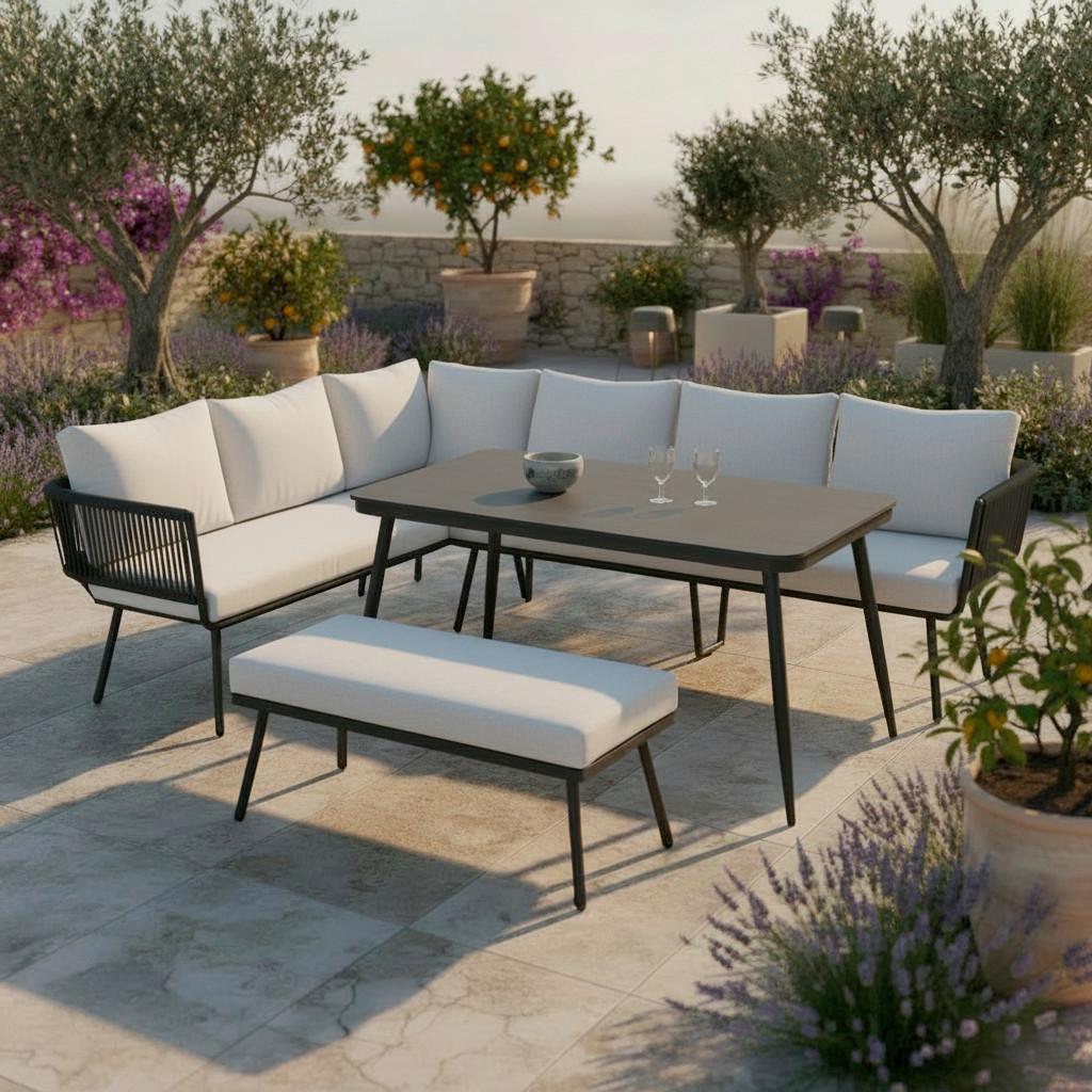 Dining-Loungeset Camea Grau Outdoorstoff/Metall/Polywood - Dunkelgrau/Hellgrau, MODERN, Kunststoff/Textil - Bessagi Garden