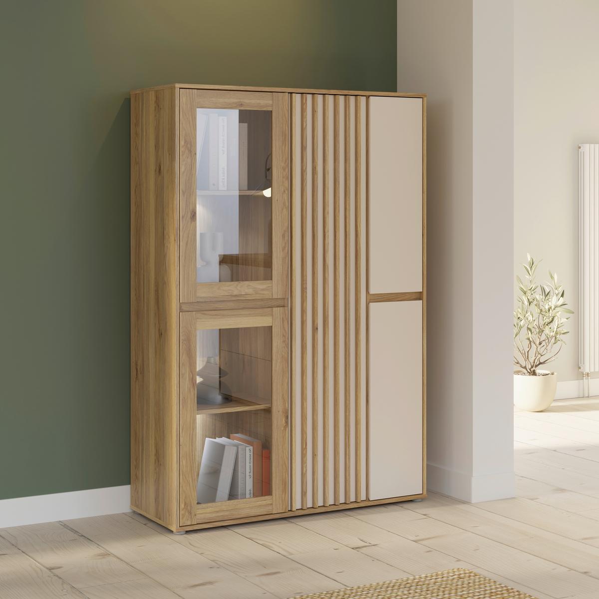 VITRINĂ ELISTON - culoare lemn stejar/nisipiu, Natur, plastic/sticlă (109,3/161,7/41,5cm) - Modern Living