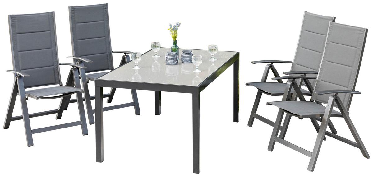 Gartenmöbel Set 5-tlg. Florenz aus Aluminium - Dunkelgrau/Graphitfarben, KONVENTIONELL, Glas/Textil - Gardenson
