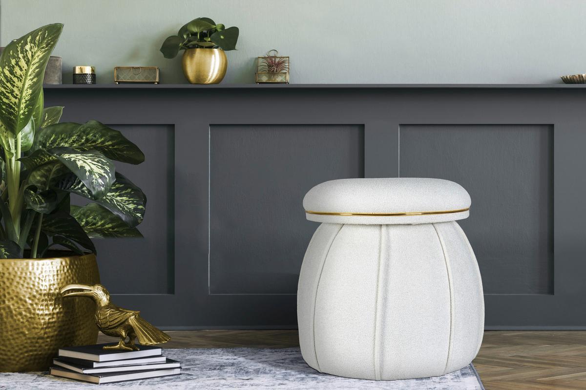 HOCKER CORIN 135 - Weiss/Goldfarben, Design, Textil (51,5/55cm) - Kayoom