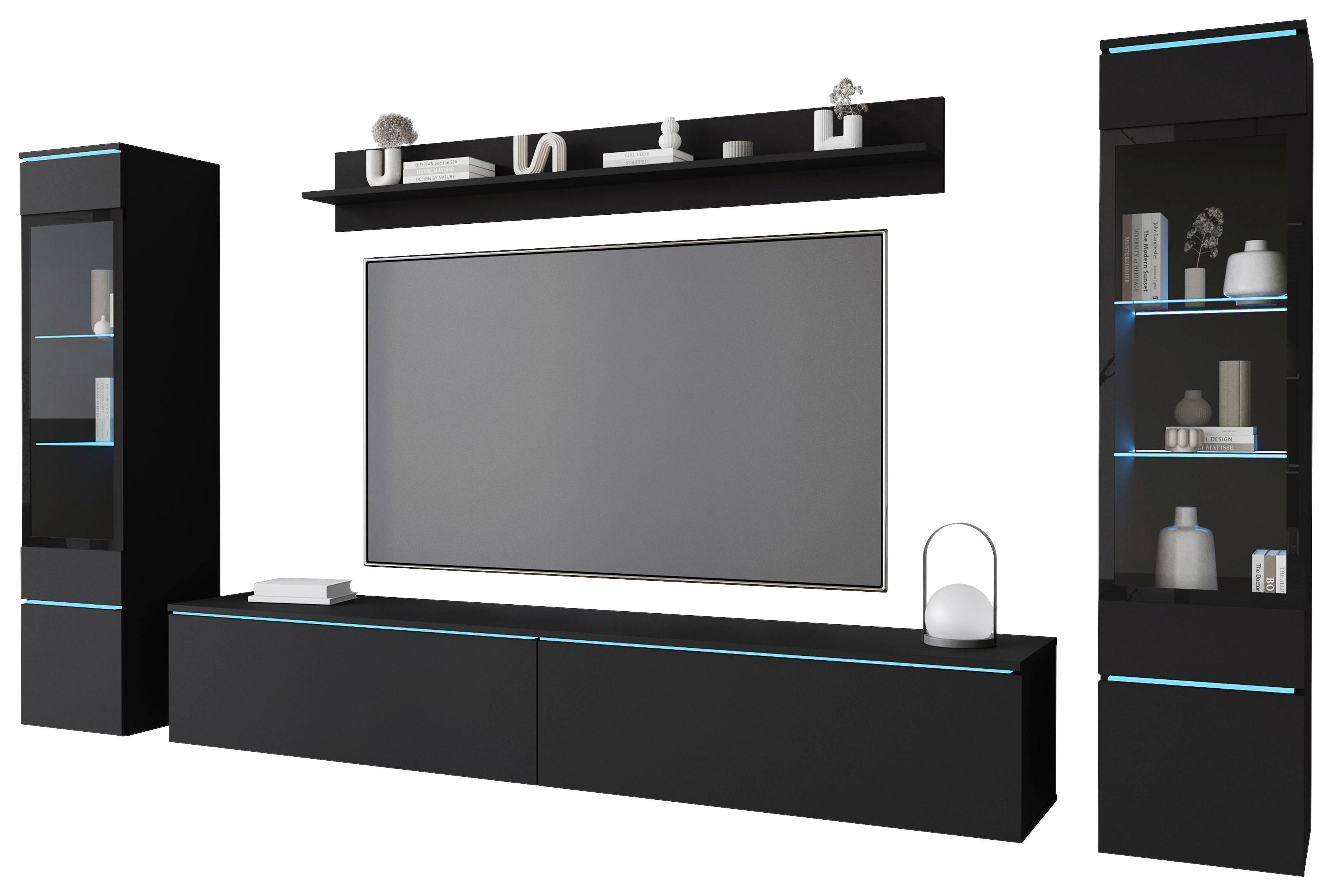 Wohnwand Vera 4-tlg. ca. 240x130 cm Schwarz - Schwarz/Graphitfarben, Design, Glas/Holzwerkstoff (240/130/33cm) - Livetastic