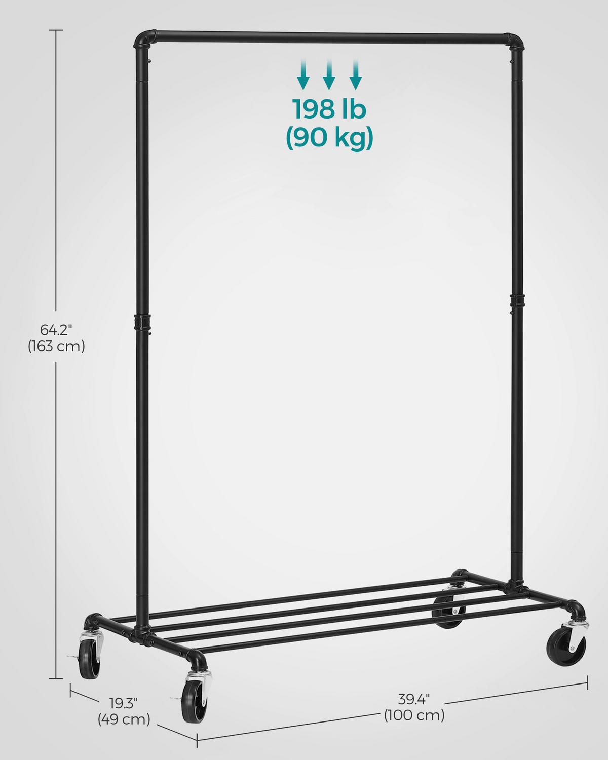 Kleiderwagen Schwarz mit 4 Rollen - Schwarz, Basics, Kunststoff/Metall (100/163/50cm)