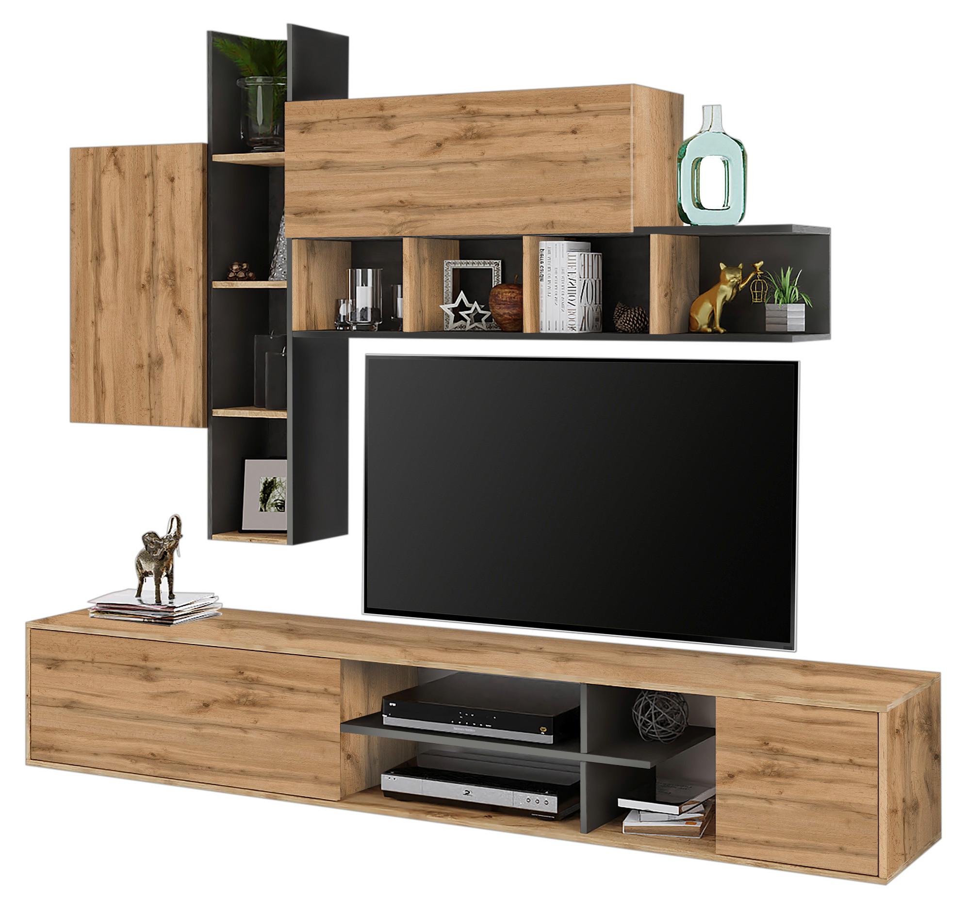 Regal Za Dnevni Boravak Raw - boje grafita/hrast Wotan, Moderno, drvni materijal (220/180/40cm) - Modern Living