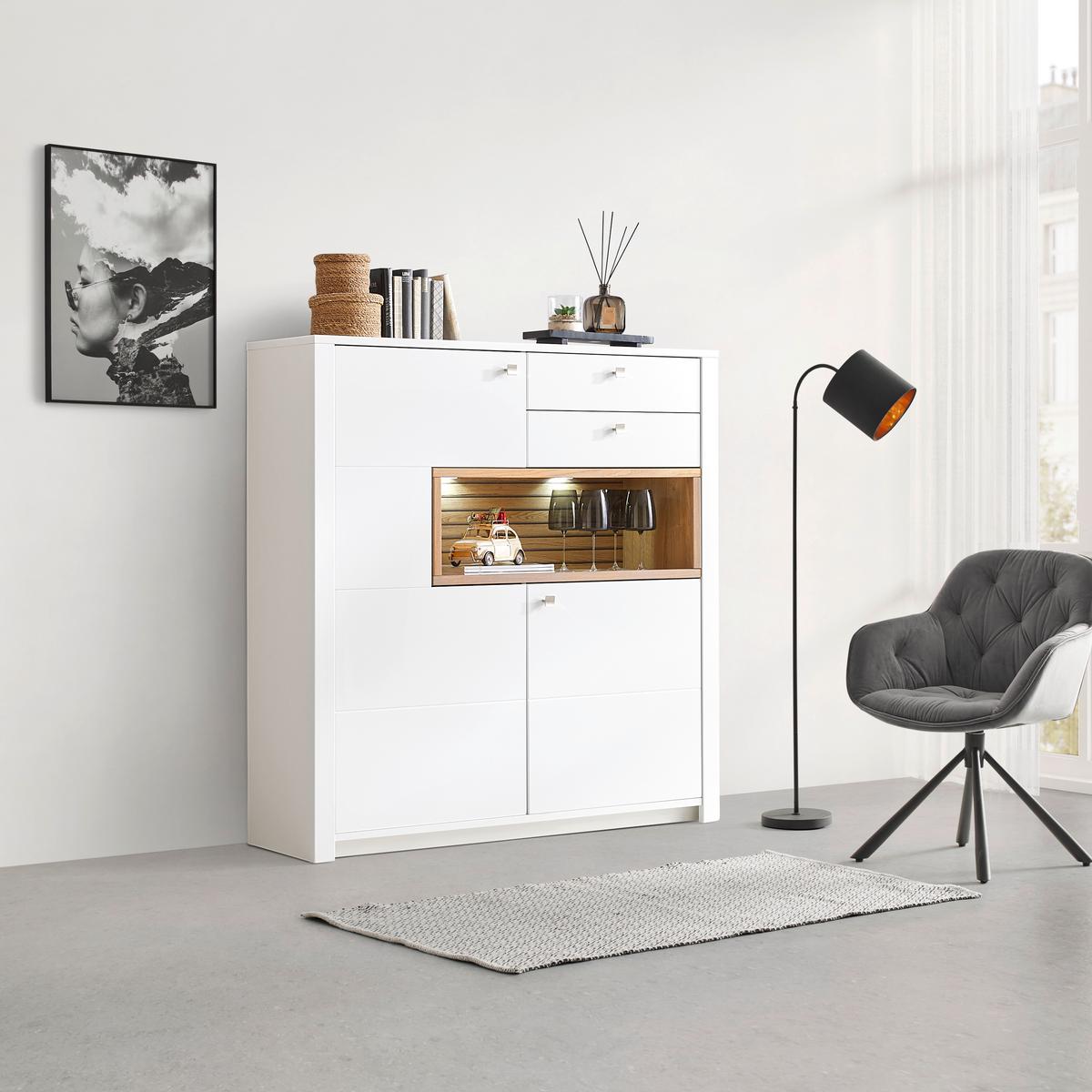 Highboard Whitehouse 10Q8WR22 Weiss/Eichefarben - Weiss/Edelstahlfarben, Modern, Holz/Holzwerkstoff (132/138/41cm) - Premium Living