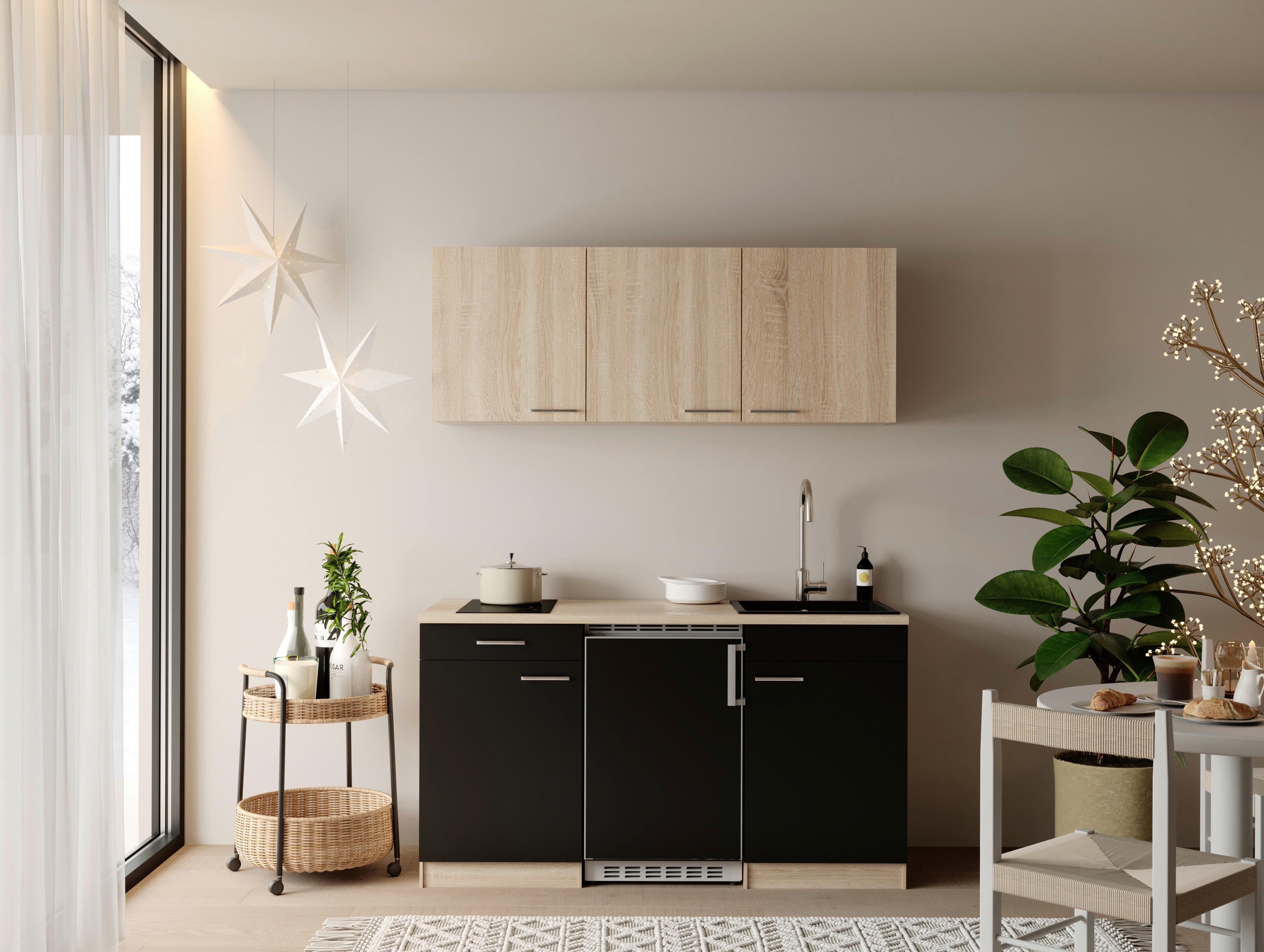 Miniküche Ingrid m. Geräten ca. 150cm Schwarz - Eichefarben/Schwarz, Design, Holzwerkstoff/Kunststoff (150cm) - Respekta