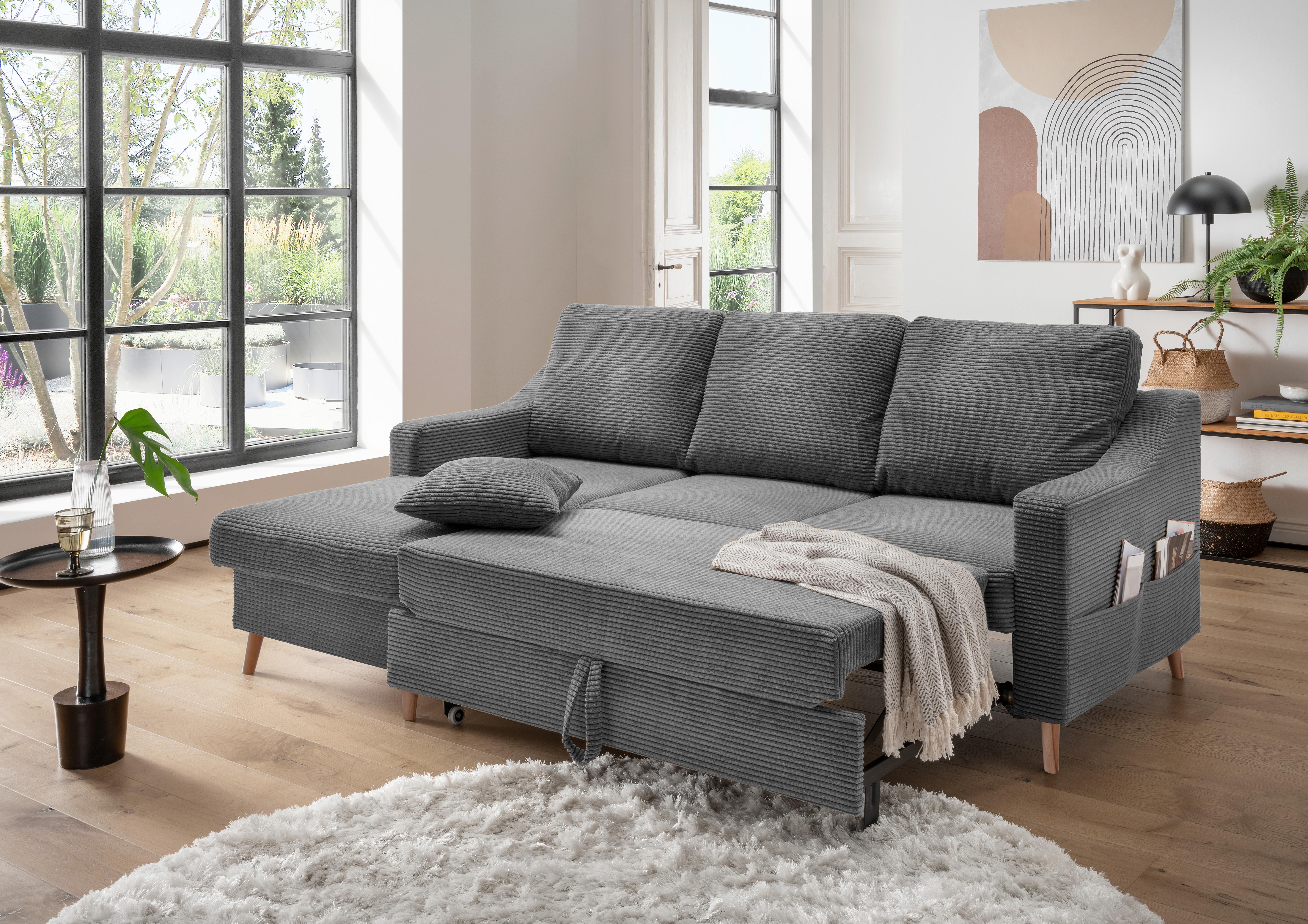 Ecksofa Valentina Grau Cord - Naturfarben/Grau, Design, Holz/Textil (150/228cm) - P & B