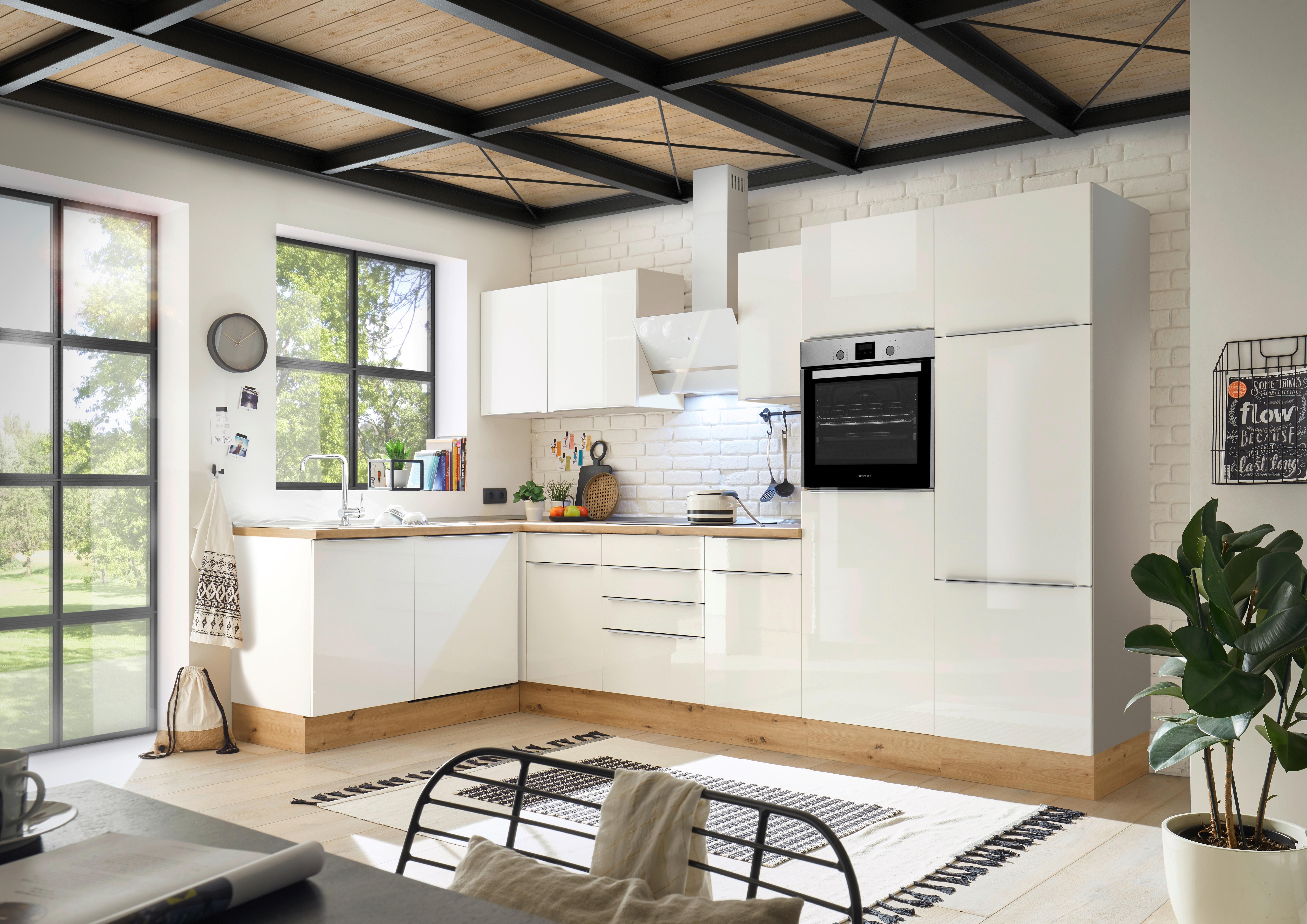 Eckküche Marleen mit Geräten Weiß Hochglanz ca. 340x170cm - Weiß Hochglanz/Alufarben, LIFESTYLE, Holzwerkstoff/Kunststoff (170/340cm) - Respekta