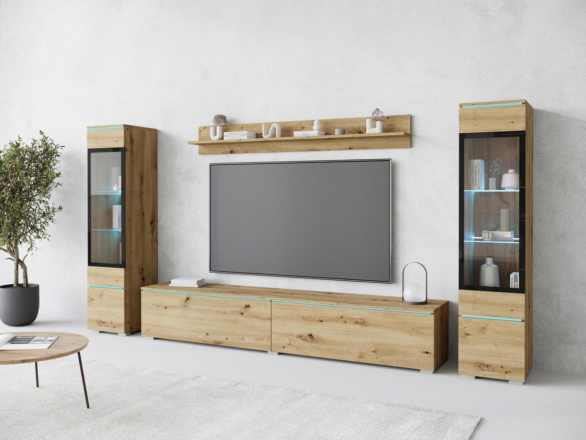 Wohnwand Vera II 4-tlg. ca. 240x130 cm Eiche Artisan - Eiche Artisan/Grau, Basics, Glas/Holzwerkstoff (240/130/33cm) - Livetastic