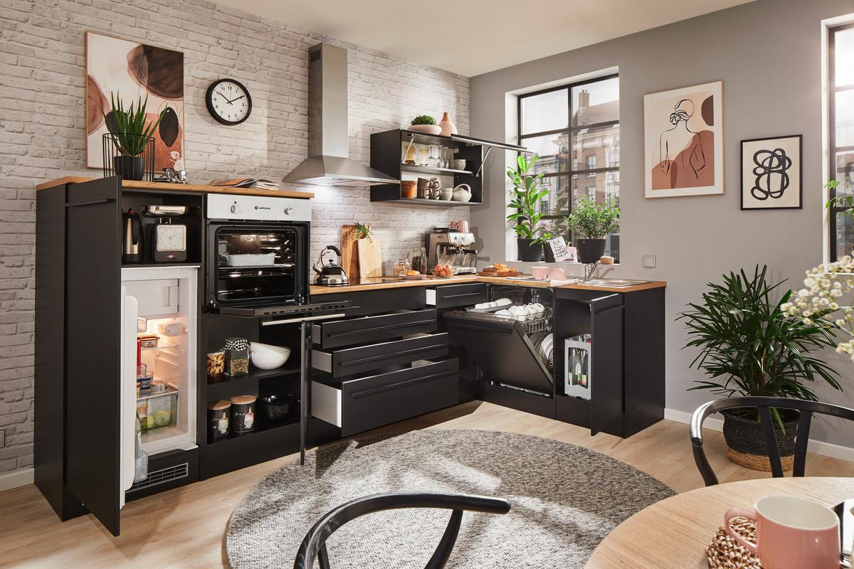 Eckküche Jazz mit Geräten ca.320x175 cm Schwarz - Eichefarben/Schwarz, Basics, Holzwerkstoff/Kunststoff (320/175cm) - P & B