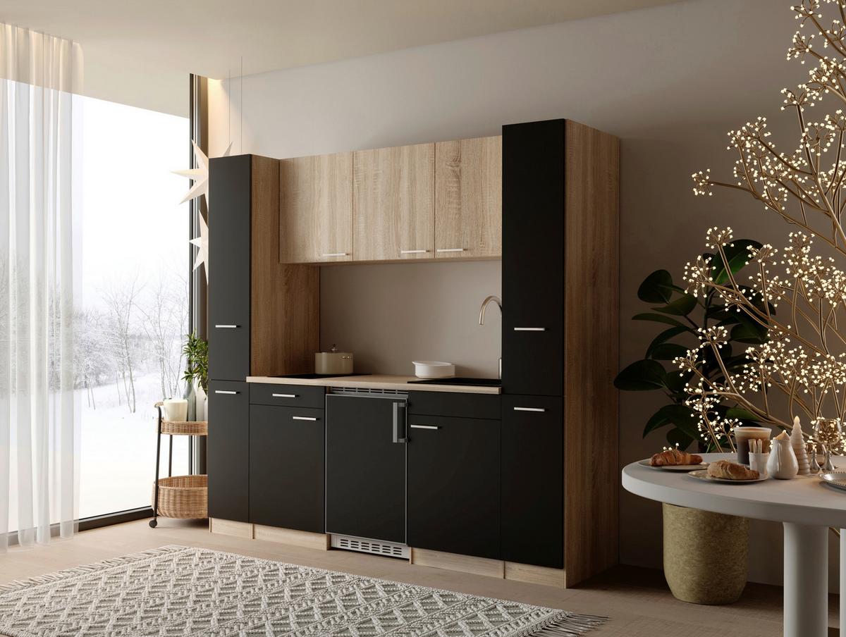 Küchenblock Ingrid m. Geräten Schwarz - Eichefarben/Schwarz, Design, Holzwerkstoff/Kunststoff (210cm) - Respekta