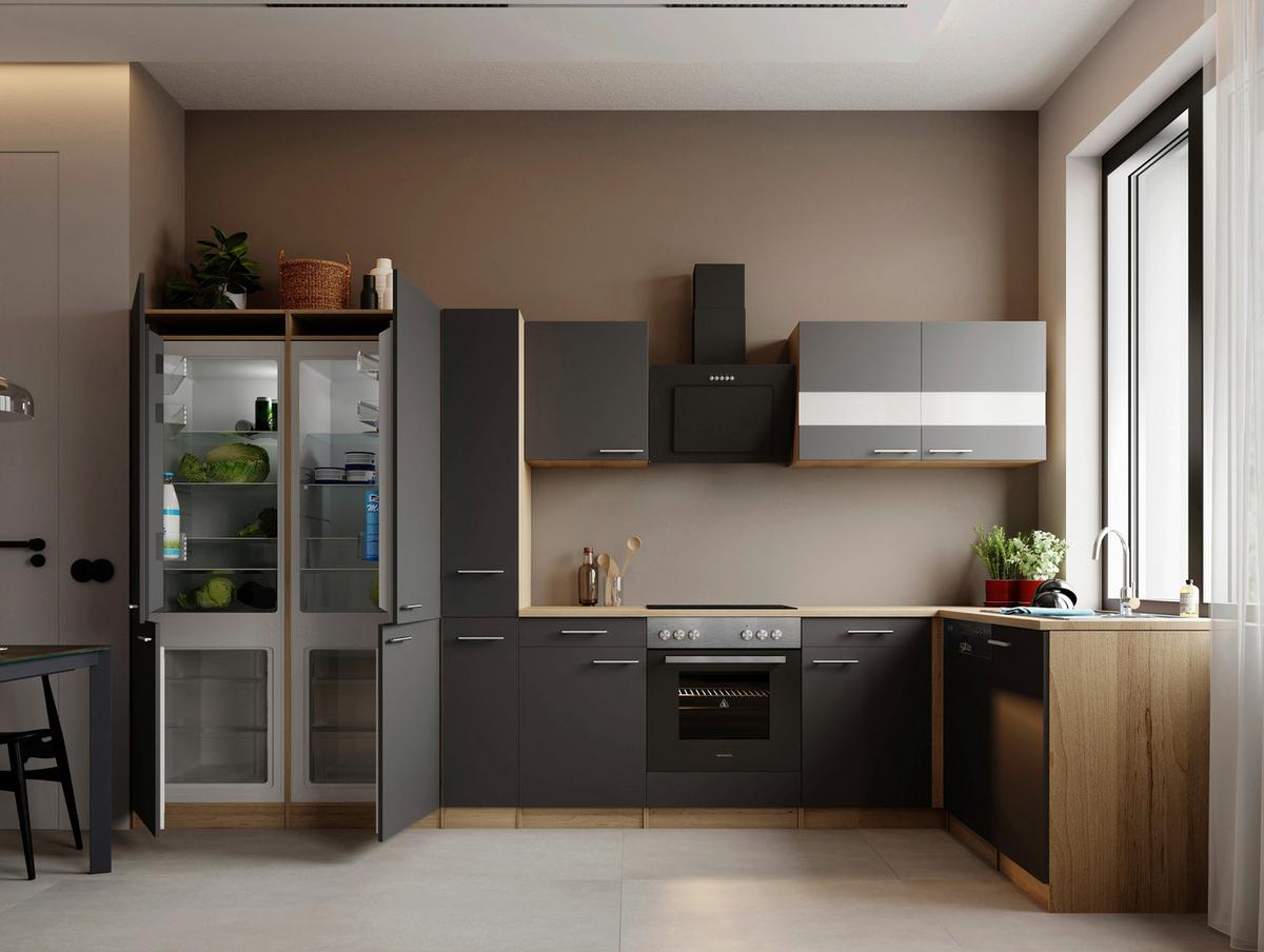 Eckküche Merle m. Geräten ca. 370x172cm Grau - Edelstahlfarben/Eichefarben, Trend, Holzwerkstoff/Metall (370/172cm) - Respekta