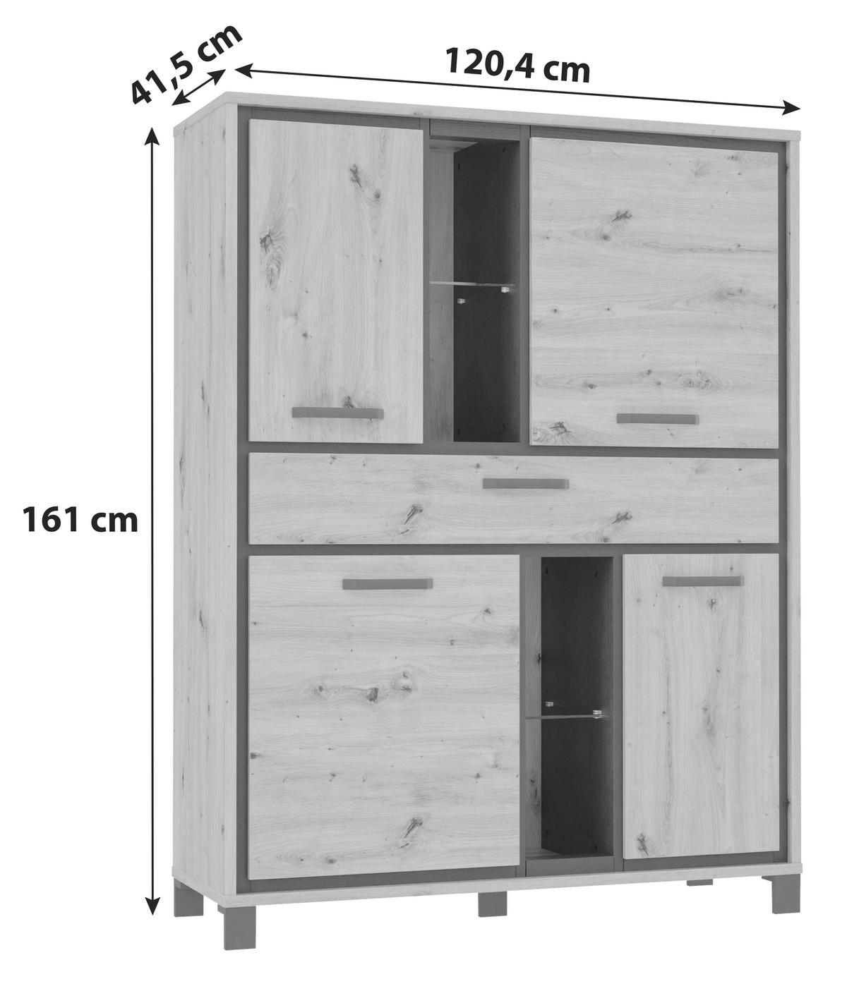 Highboard "Trondheim" , Schwarz, Eiche - Eichefarben/Schwarz, Basics, Glas/Holzwerkstoff (120,4/161/41,5cm) - Livetastic