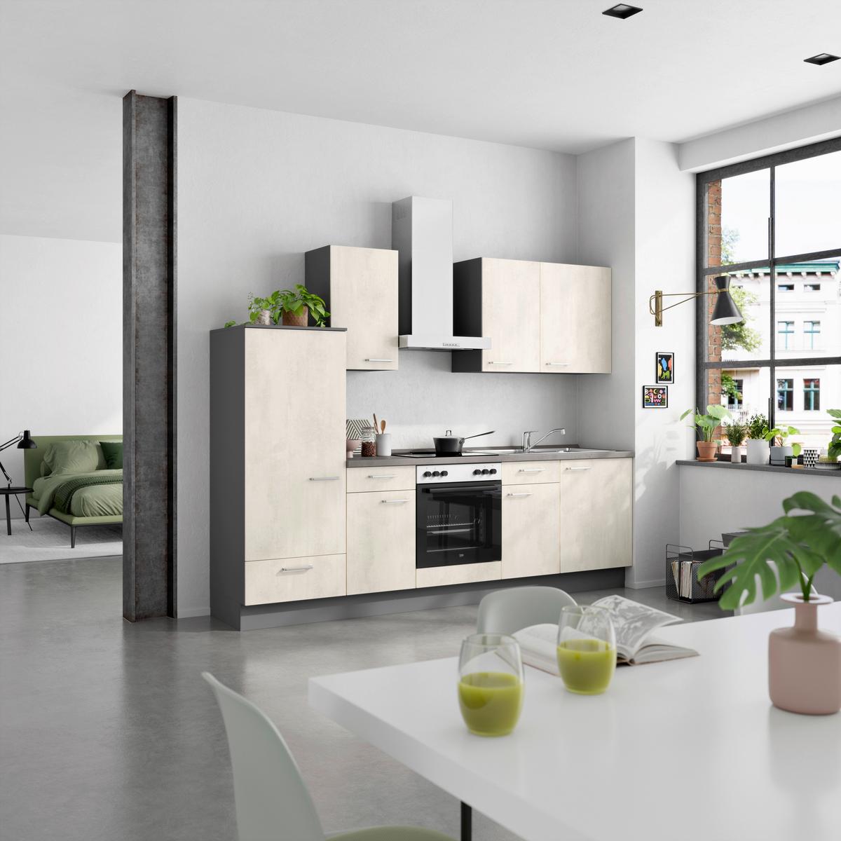 Küchenblock Riva Low m. Geräten Weiß - Schieferfarben/Edelstahlfarben, MODERN, Holzwerkstoff/Metall (270cm) - Nobilia