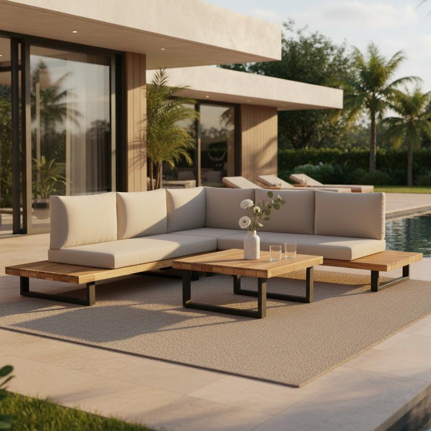 Loungegarnitur Cristina Creme Echtholz/Textil/Metall - Creme/Schwarz, Modern, Holz/Textil (254/78/82cm) - Bessagi Garden