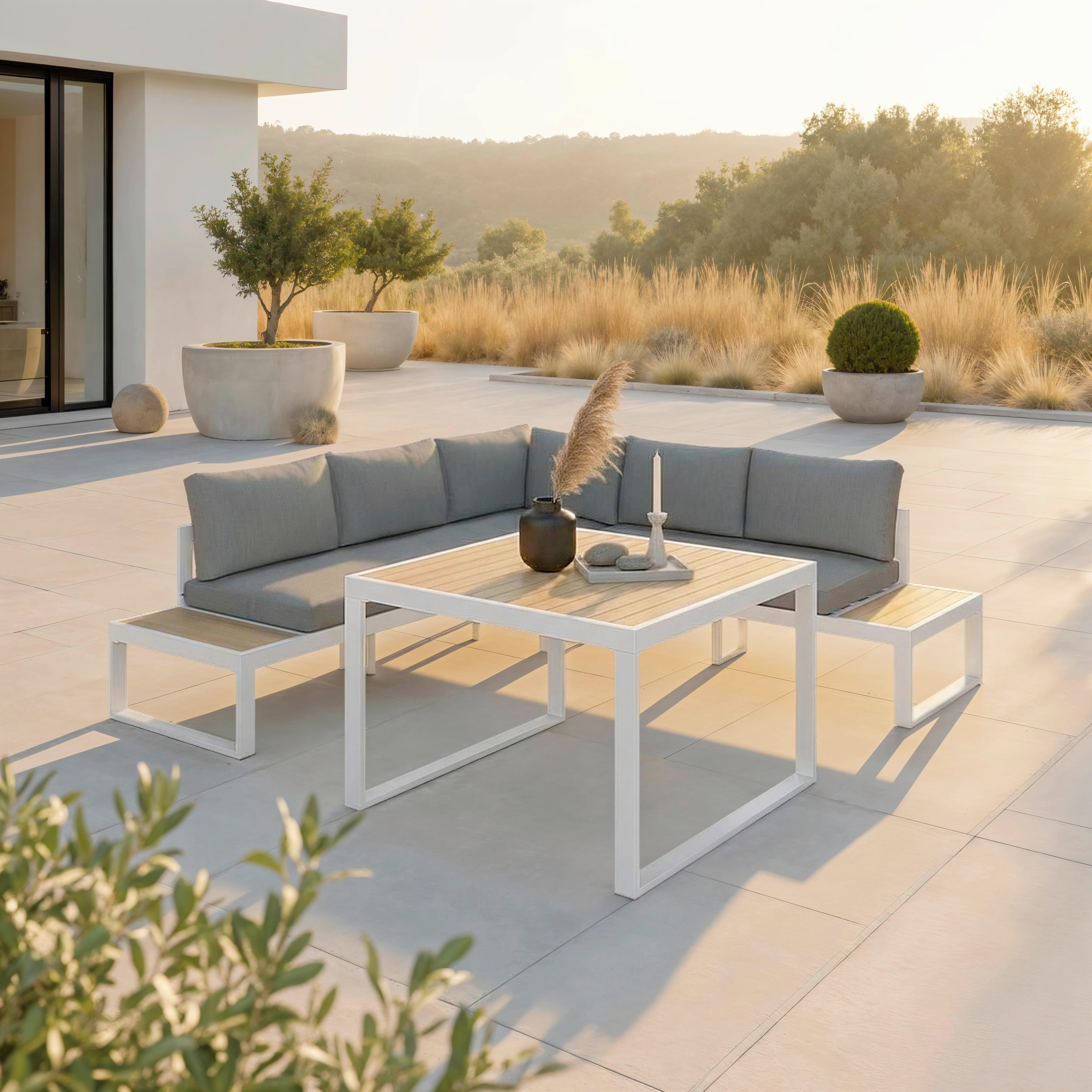 Dining-loungeset Veneya Grau Outdoorstof/metall/polywood - Hellgrau/Naturfarben, Modern, Kunststoff/Textil - Bessagi Garden