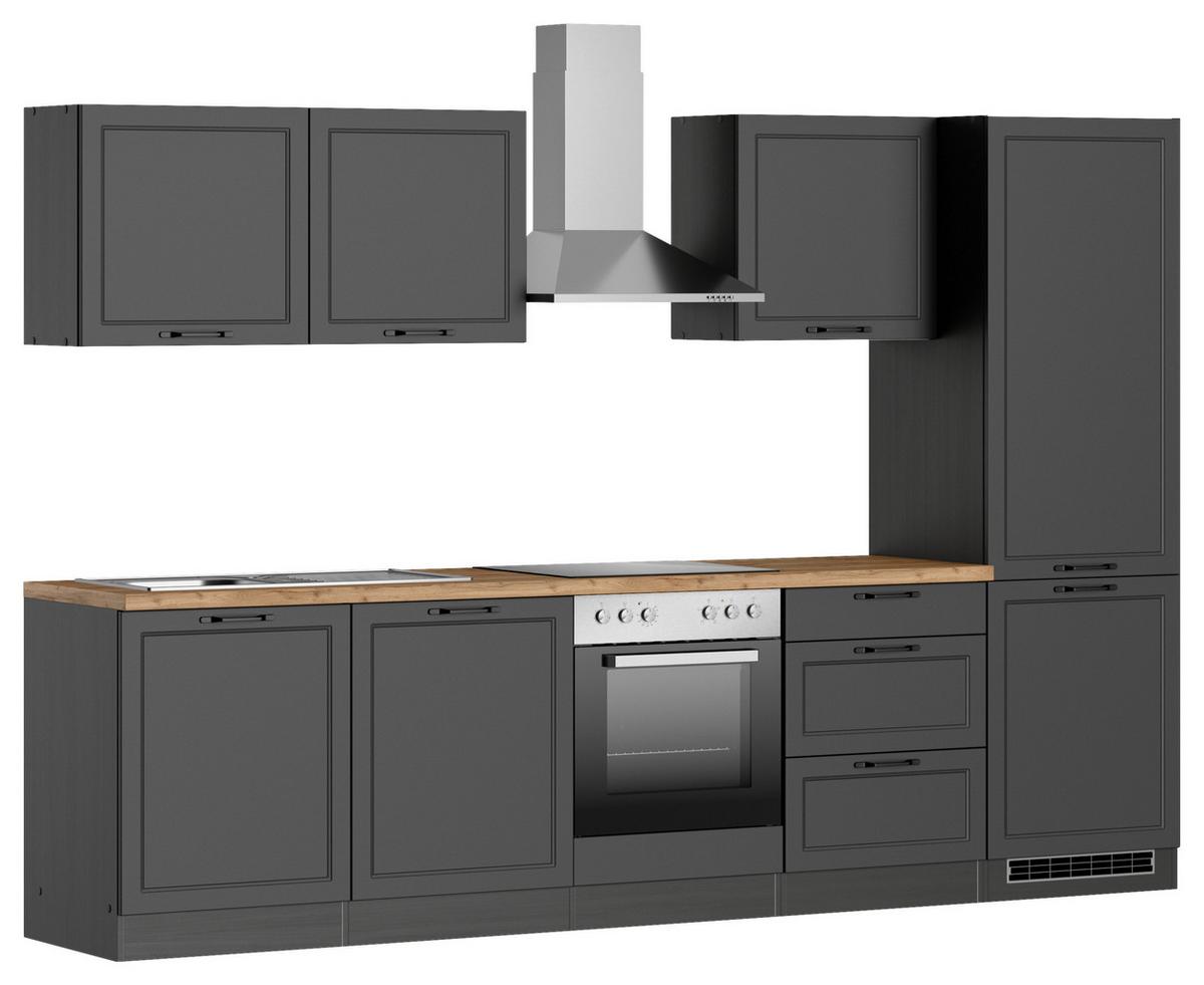 Küchenzeile Meran mit Geräte ca. 300 cm Grau/Eiche - Eiche Wotan/Schwarz, LIFESTYLE, Holzwerkstoff/Metall (300cm) - Held