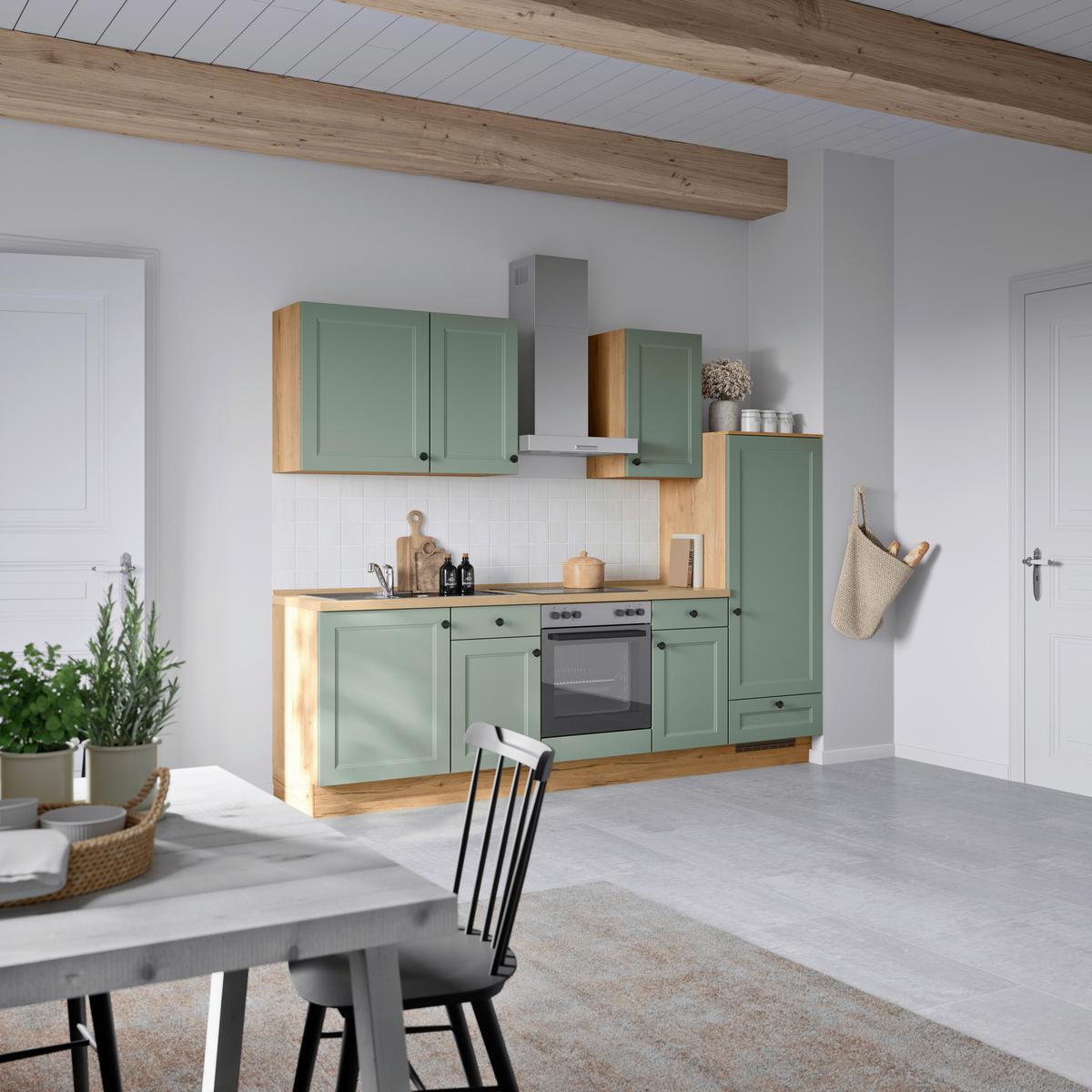 Küchenblock Cascada Low m. Geräten Schilfgrün - Schilfgrün/Eichefarben, MODERN, Holzwerkstoff/Metall (270cm) - Nobilia