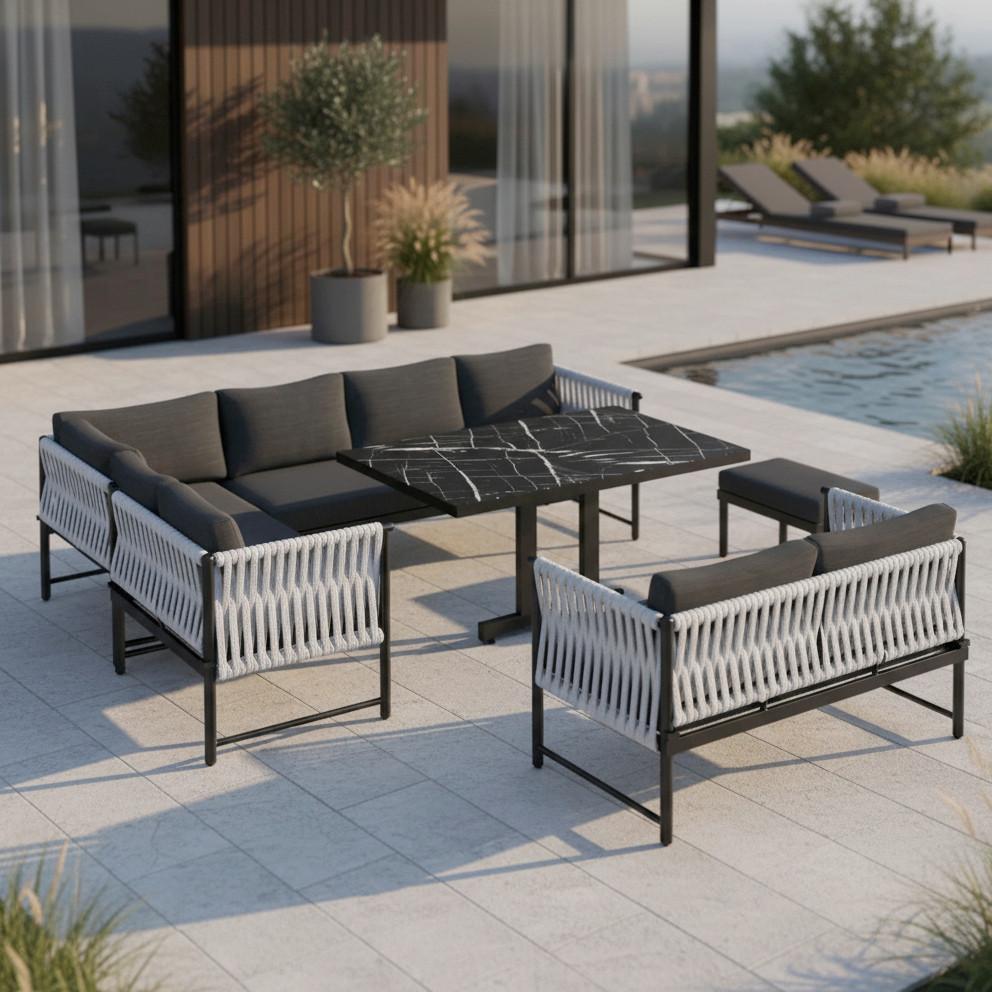 Dining-Loungeset Polly Schwarz Outdoorstoff/Metall - Hellgrau/Schwarz, MODERN, Kunststoff/Textil - Bessagi Garden
