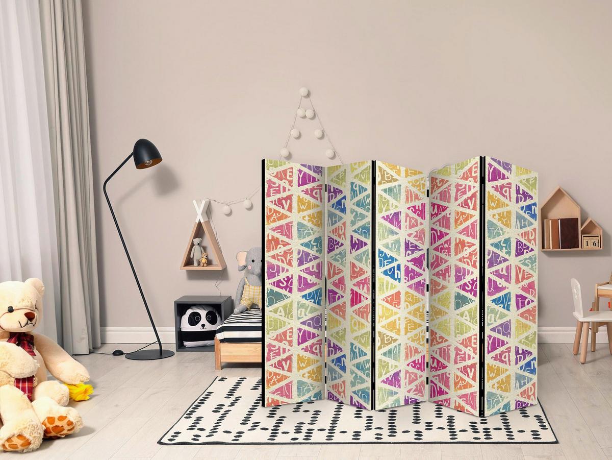 Paravan Letters Nad Triangles I, 5-Delni, Dvostranski - večbarvno/svetlo siva, Basics, tekstil/les (225/172/3cm) - artgeist