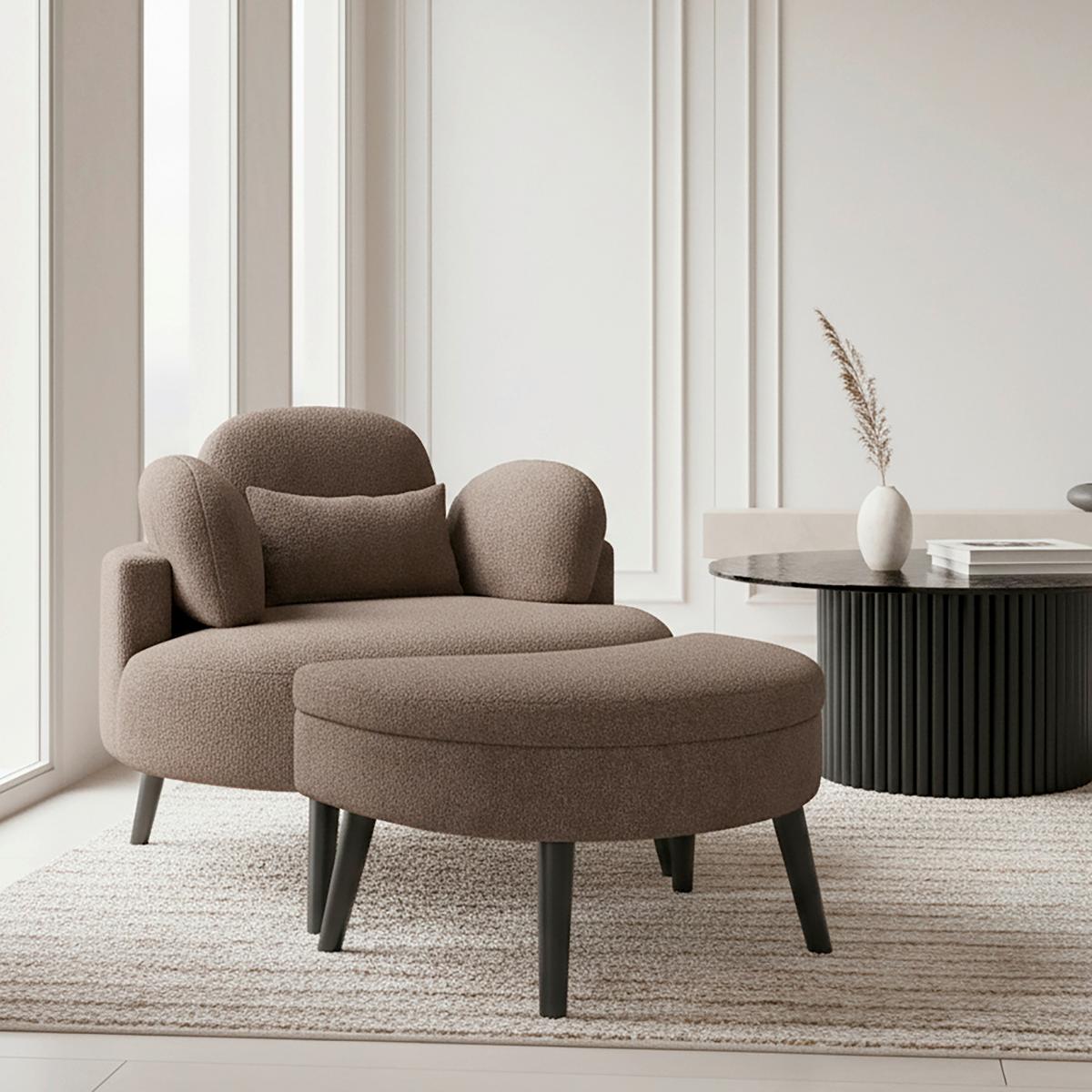 Sessel Bianca mit Hocker Chenille Braun - Braun/Naturfarben, MODERN, Holz/Textil (111/69/152cm) - Bessagi Home