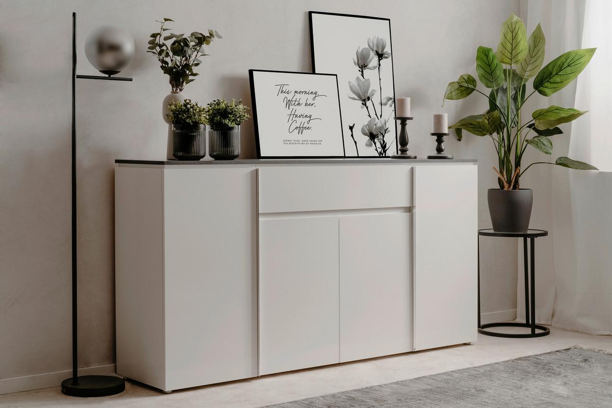 KOMODA SZEROKA BREST - biały wysoki połysk/kolor srebrny, Design, materiał drewnopochodny/tworzywo sztuczne (177,5/92/40cm) - Livetastic