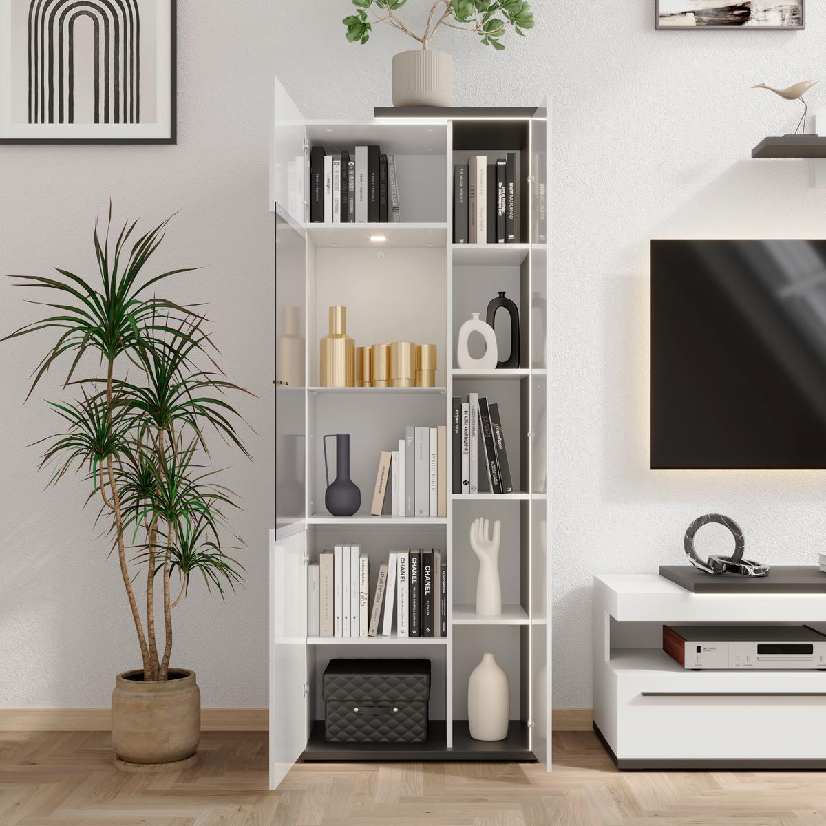 Vitrina Ambiente Plus - bijela/bijela visoki sjaj, Moderno, staklo/drvni materijal (73,4/199,1/43,6cm) - Modern Living