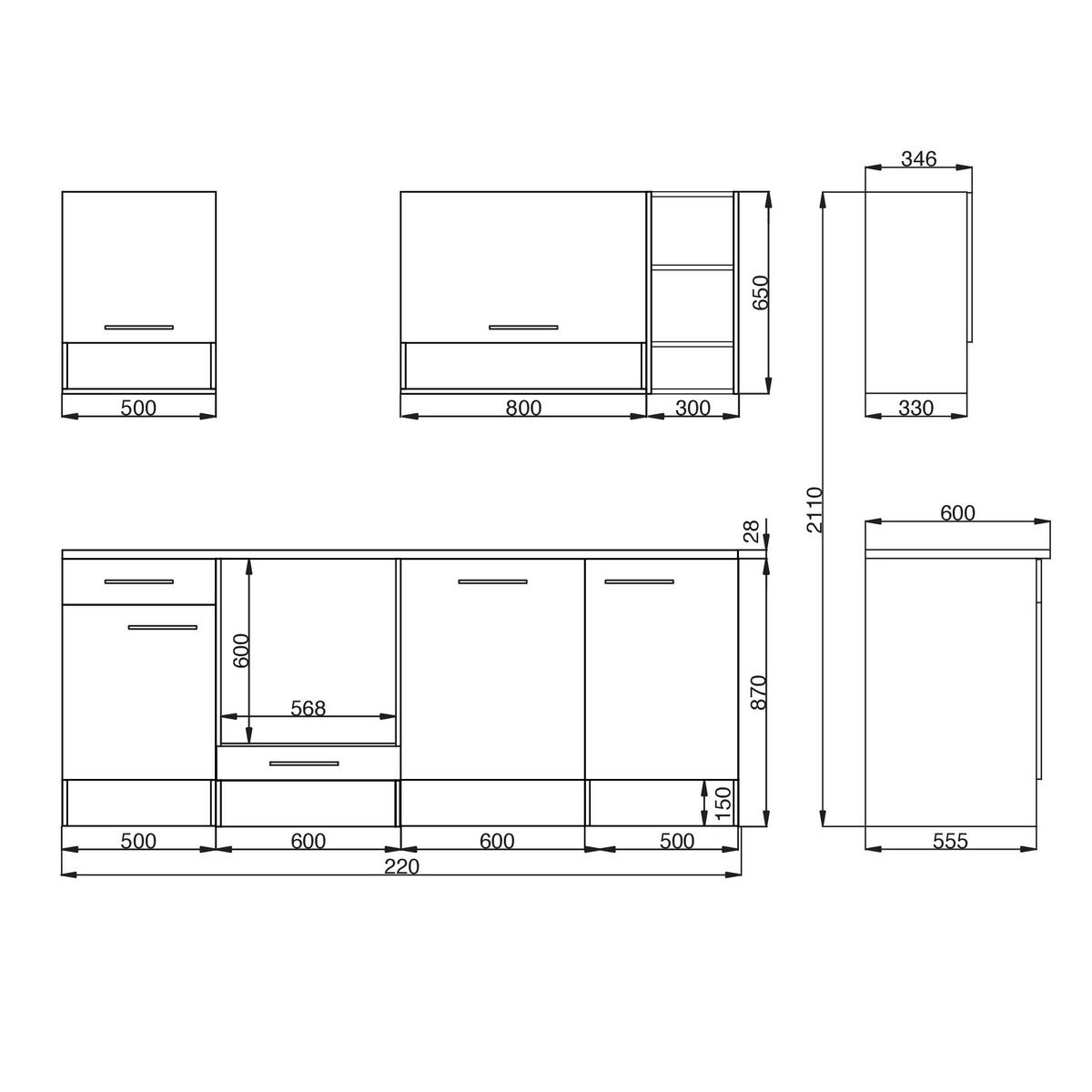 Kuhinjski Blok Z Aparati Economy, Bela, Barva Hrasta - barve hrasta/bela, Moderno, leseni material (220cm) - Respekta
