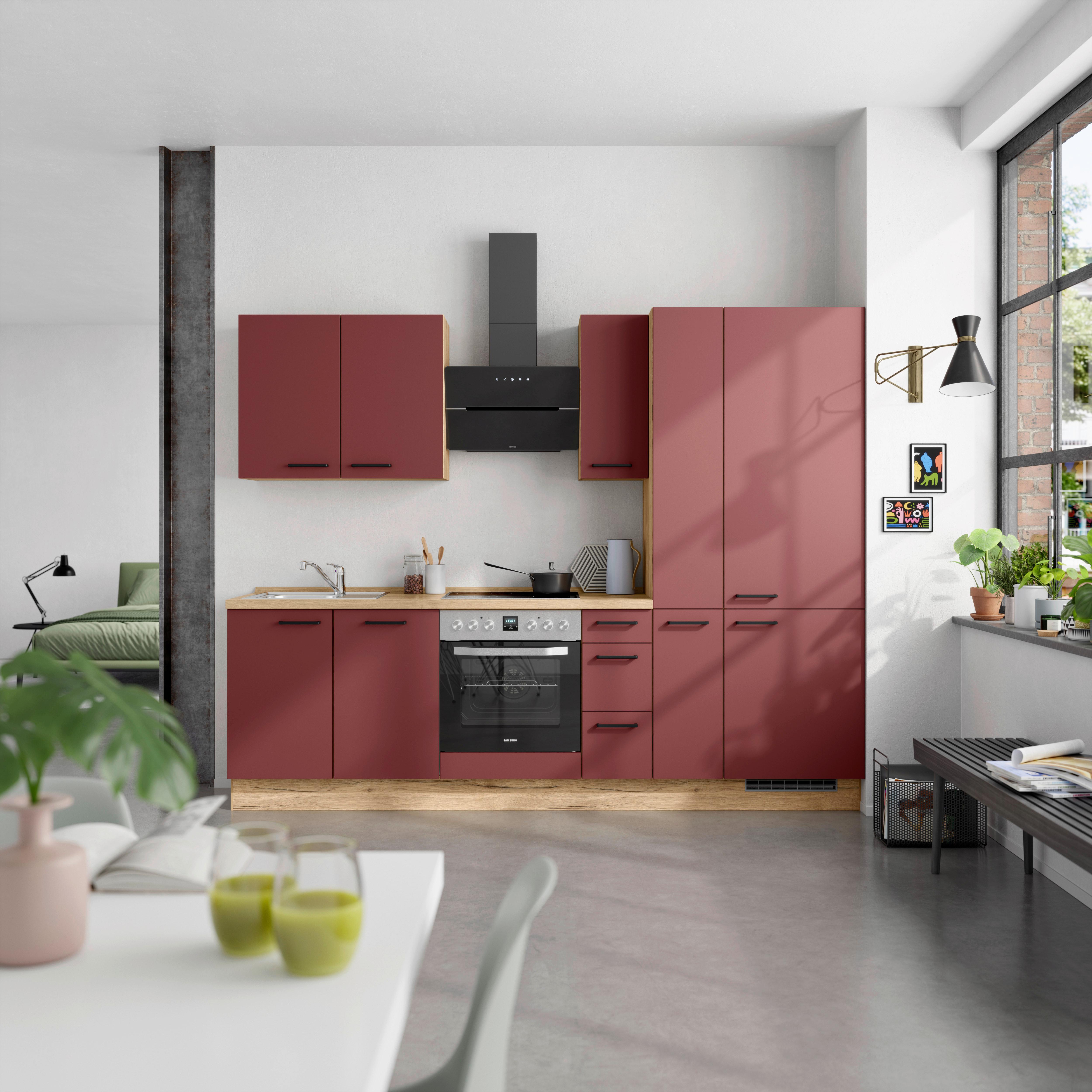 Küchenblock Easytouch High m. Geräten Dunkelrot - Eichefarben/Schwarz, MODERN, Holzwerkstoff/Metall (270cm) - Nobilia