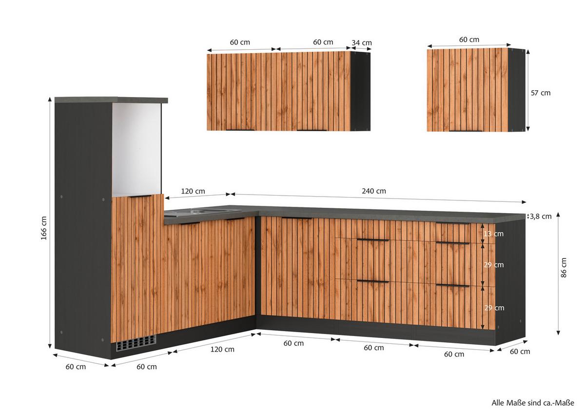 Eckküche Liverpool ca. 240x240cm Graphit/Eiche - Schieferfarben/Eiche Wotan, Basics, Holzwerkstoff/Metall (240/240cm) - Held