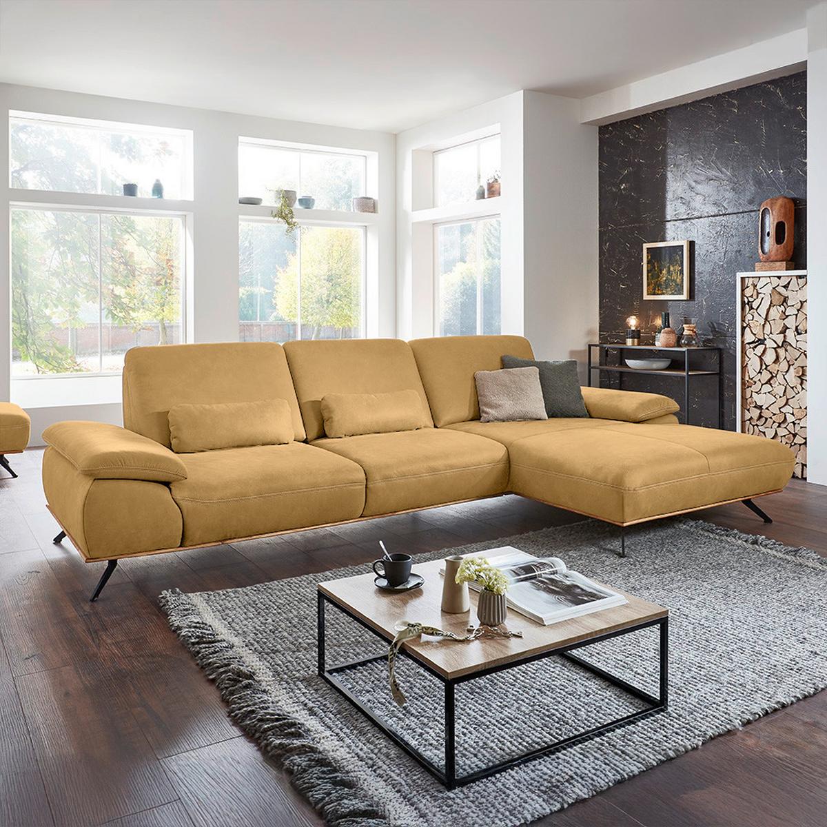 Wohnlandschaft Erling Dunkelgelb - Beige/Dunkelgelb, MODERN, Leder/Metall (322/89/187cm) - Premium Living