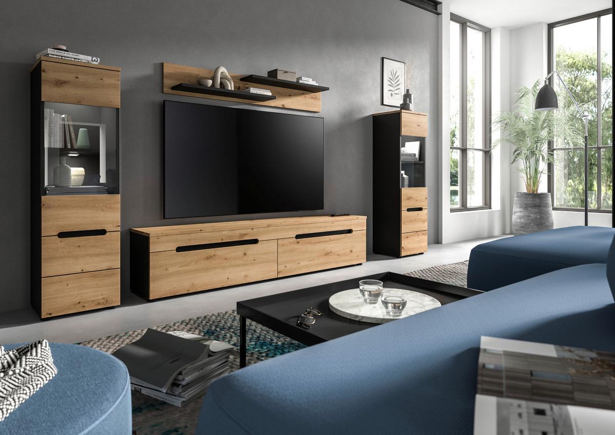 Dnevni Regal Canu, Siva, Barva Hrasta, Osvetlitev, 4-Delni - črna/hrast artisan, Design, umetna masa/leseni material (272/141/33cm) - Livetastic