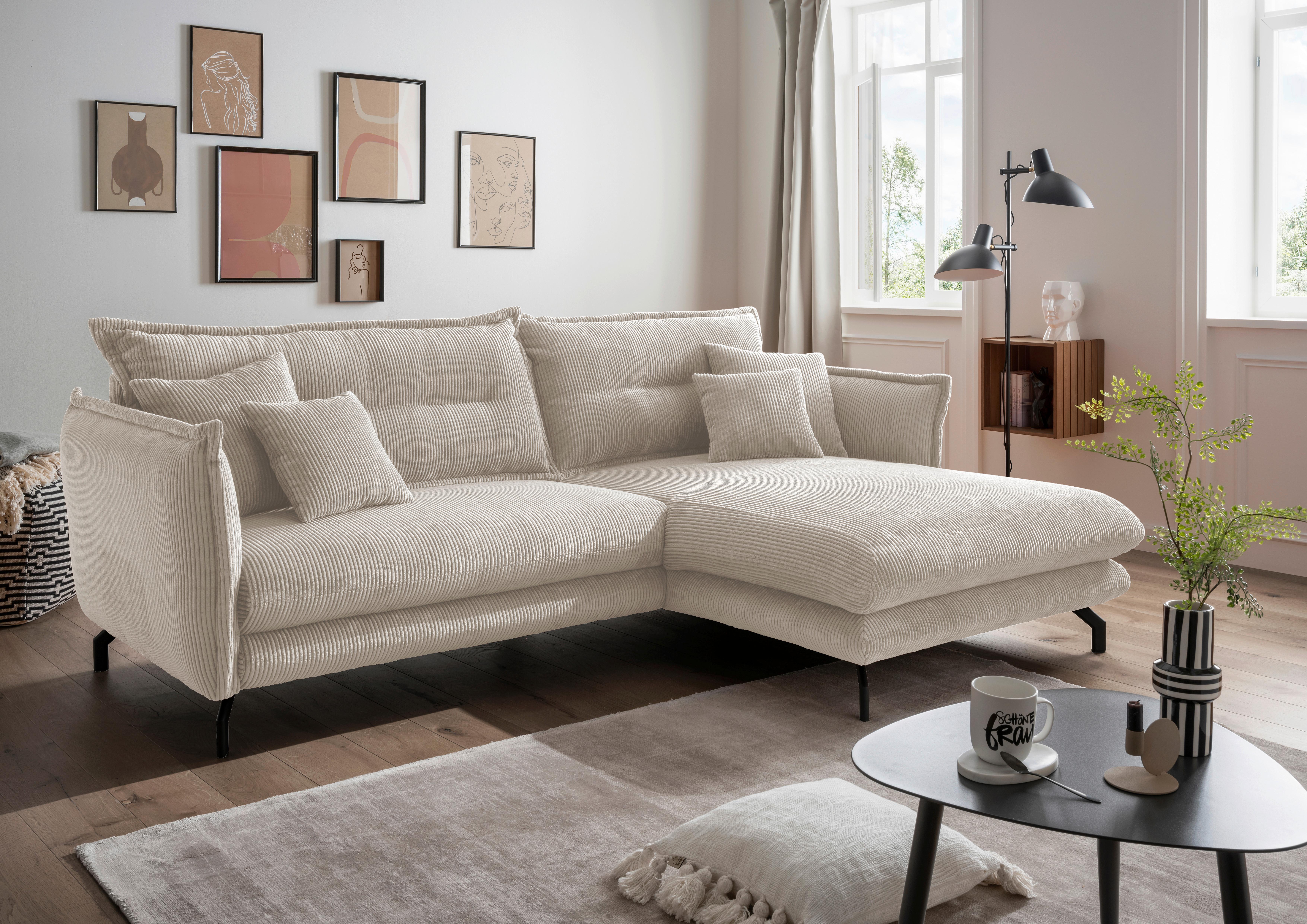 Wohnlandschaft Lava Beige Cord - Beige/Schwarz, MODERN, Textil/Metall (255/180cm) - Livetastic