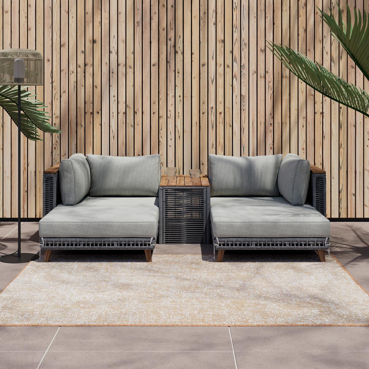 Loungegarnitur Marilou Grau Outdoorgewebe/Kunststoff/Holz - Grau/Akaziefarben, MODERN, Holz/Kunststoff - Bessagi Garden