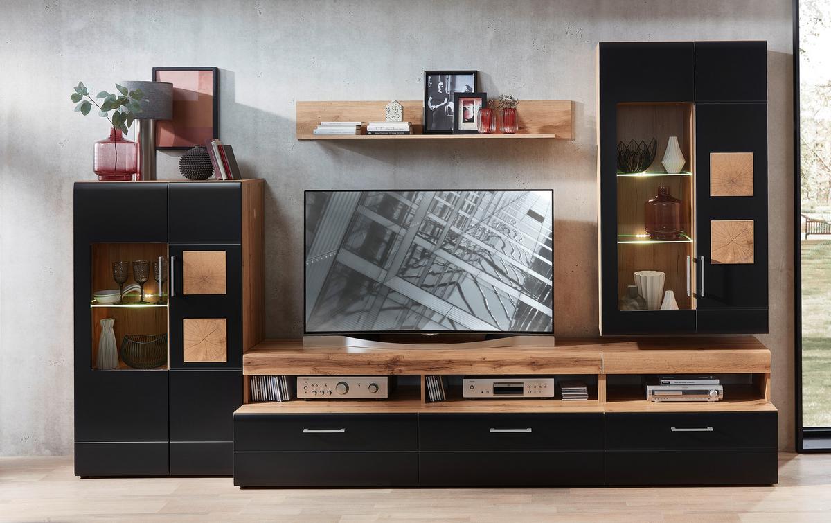 Wohnwand in Schwarz/Eichefarben - Chromfarben/Eichefarben, KONVENTIONELL, Glas/Holzwerkstoff (330/208/52cm) - Mömax