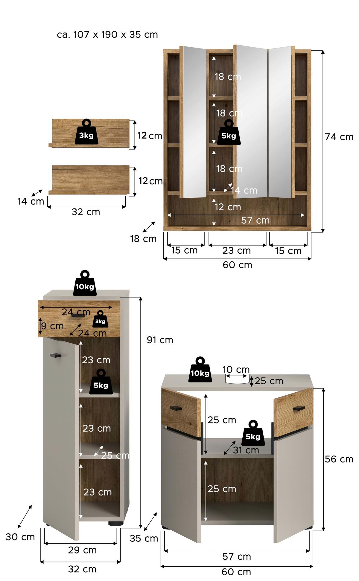 Badezimmer Aqua Eichefarben/Kaschmir 4-teilig - Kaschmir/Eichefarben, Trend, Glas/Holzwerkstoff (92cm) - MID.YOU
