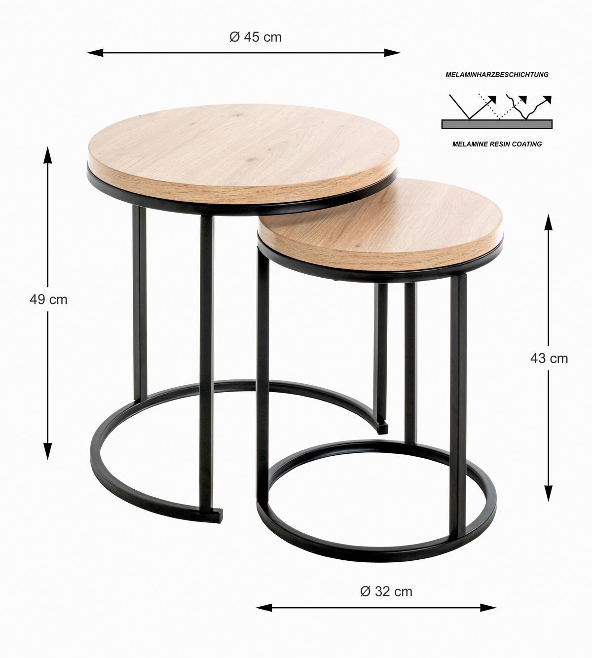 ZESTAW STOLIKÓW BOCZNYCH LEVI - kolor dębowy/czarny, Trend, materiał drewnopochodny/metal (32-45/32-45/43-49cm)