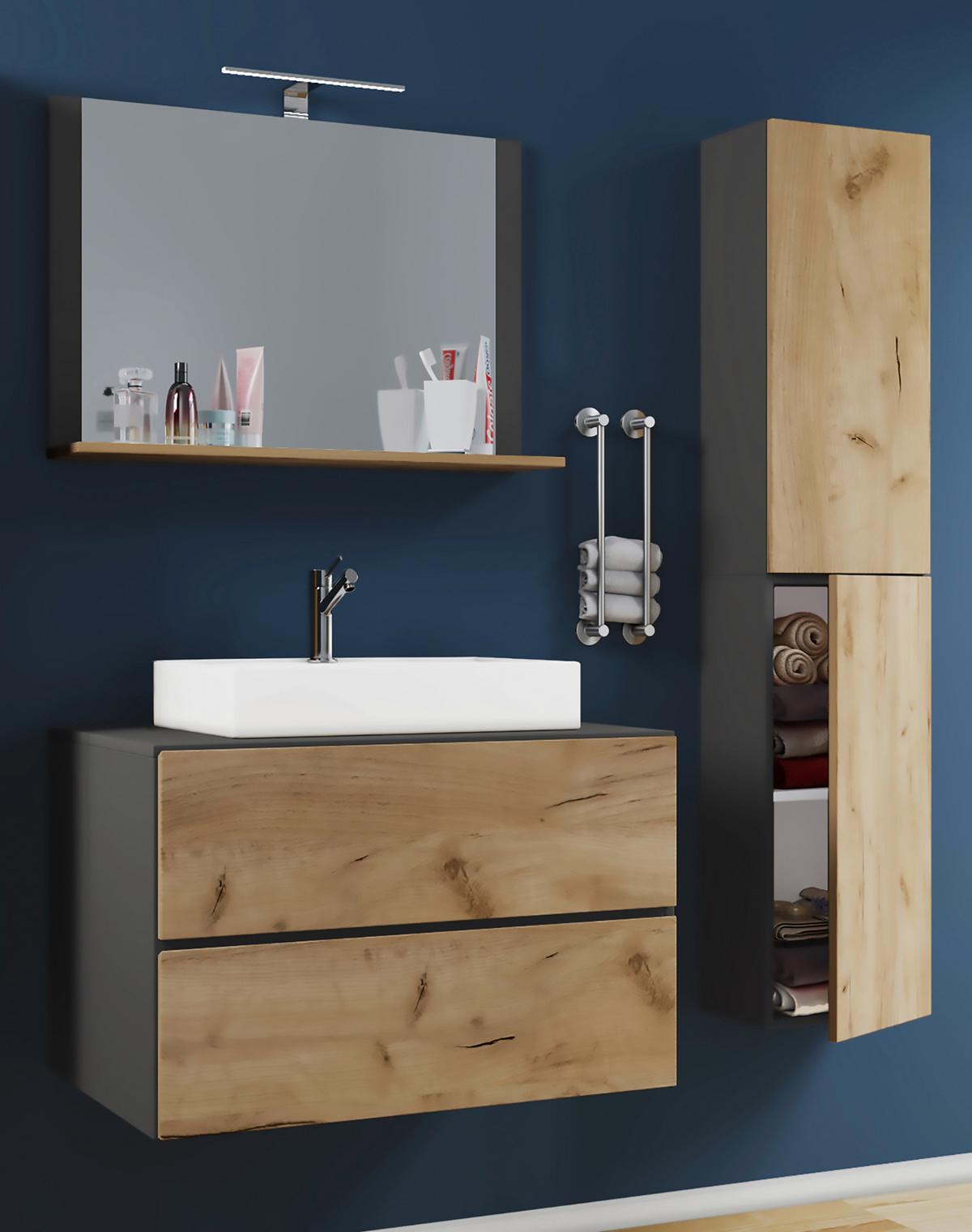 Badezimmer Lendas 4-tlg. ca. 114 cm Honigeiche/Anthr. - Honigeiche/Anthrazit, MODERN, Keramik/Holzwerkstoff (114cm) - MID.YOU