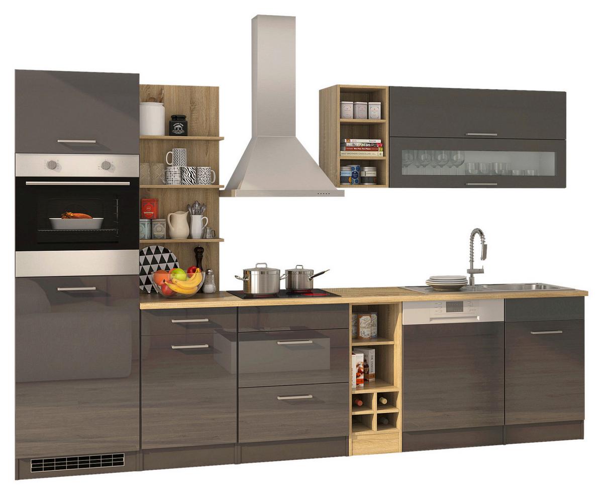 Küchenblock in Anthrazit inkl. E-Geräte 'Mailand' - Chromfarben/Eichefarben, MODERN, Holzwerkstoff/Metall (310cm) - Held