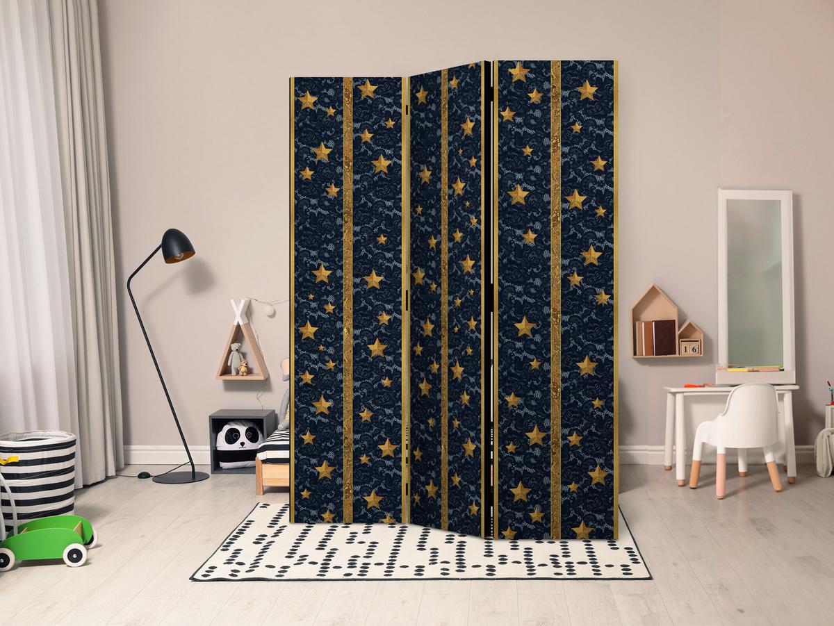 Paravan Lace Constellation, 3-Delni, Dvostranski - zlate barve/modra, Basics, tekstil/les (135/172/3cm) - artgeist