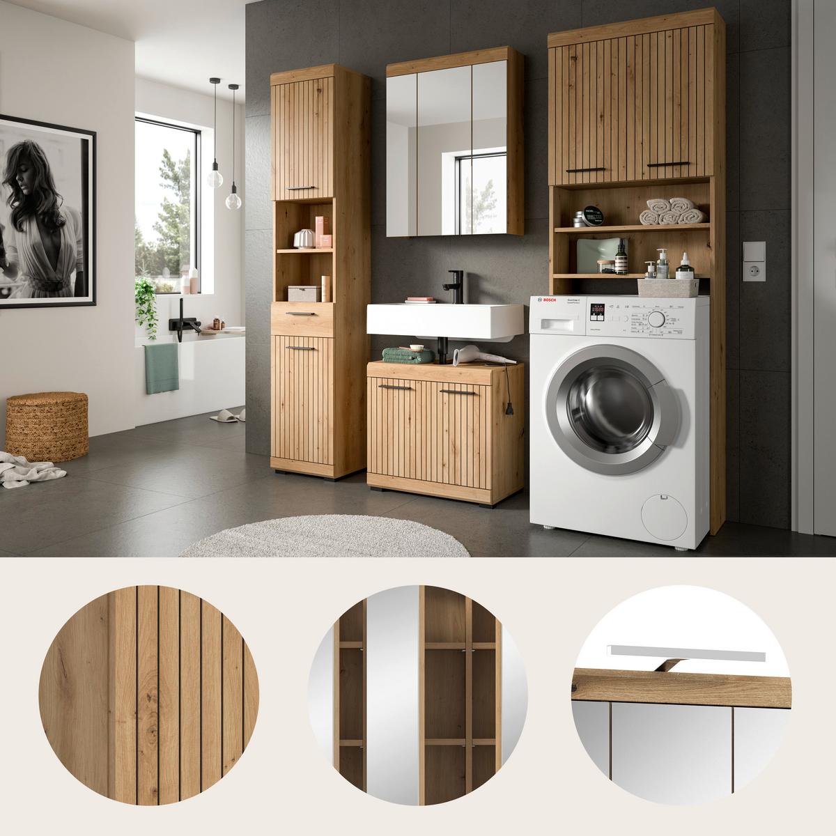 Badezimmer Scout Eiche Artisan 4-teilig - Schwarz/Eiche Artisan, Trend, Glas/Holzwerkstoff (160cm) - MID.YOU
