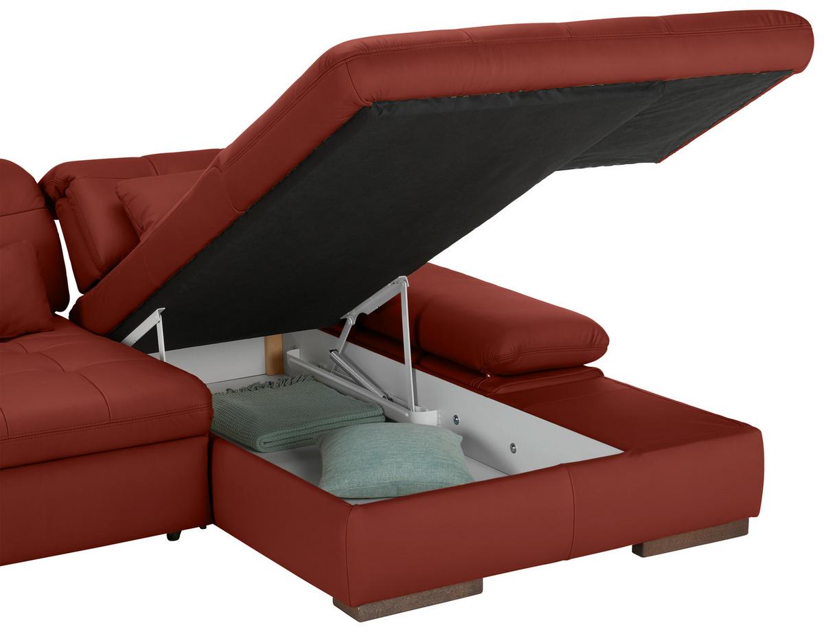 Wohnlandschaft Sanfino Leder Weinrot - Chromfarben/Weinrot, KONVENTIONELL, Leder/Metall (305/79-96/199cm) - Premium Living