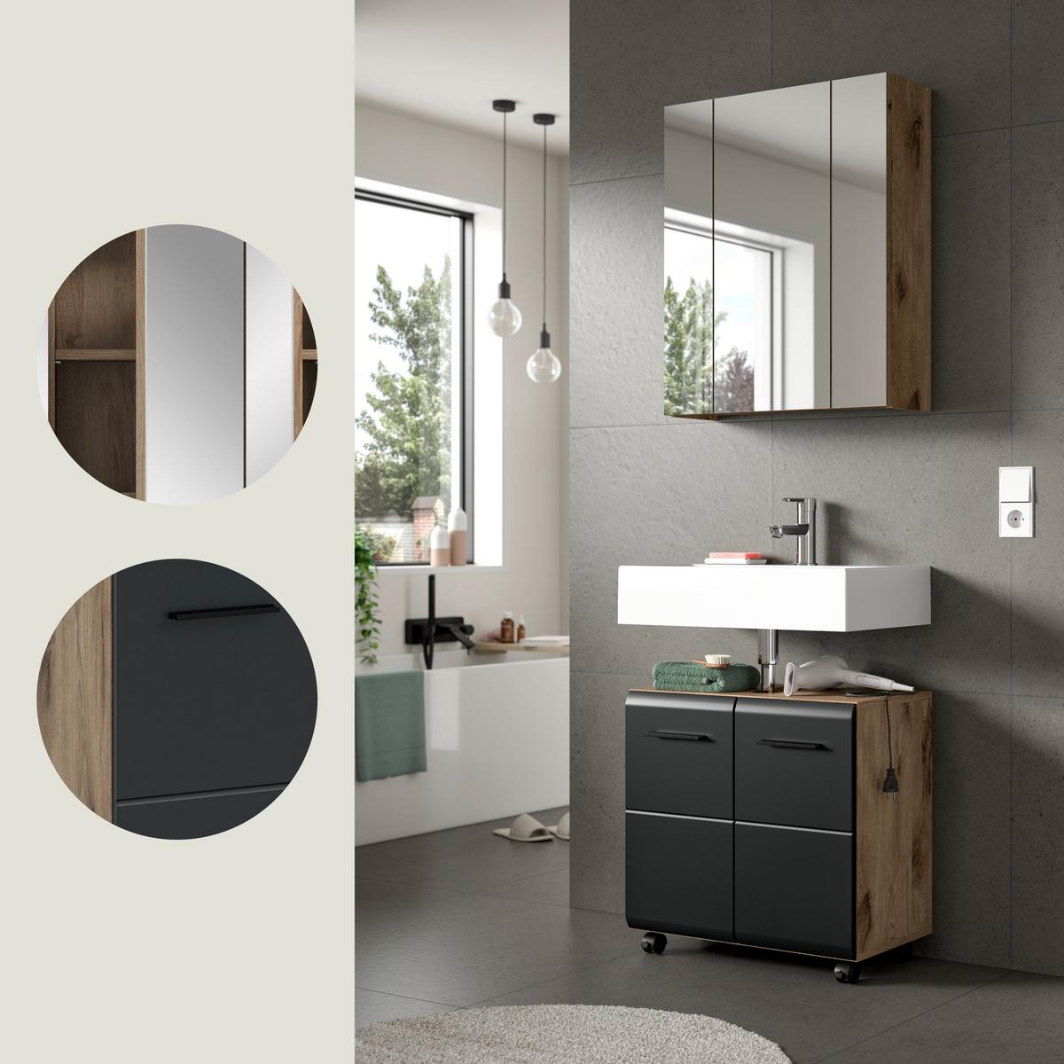 Badezimmer Ice Schwarz/Eiche dunkel 2-teilig - Eiche dunkel/Schwarz, Trend, Glas/Holzwerkstoff (60cm) - MID.YOU