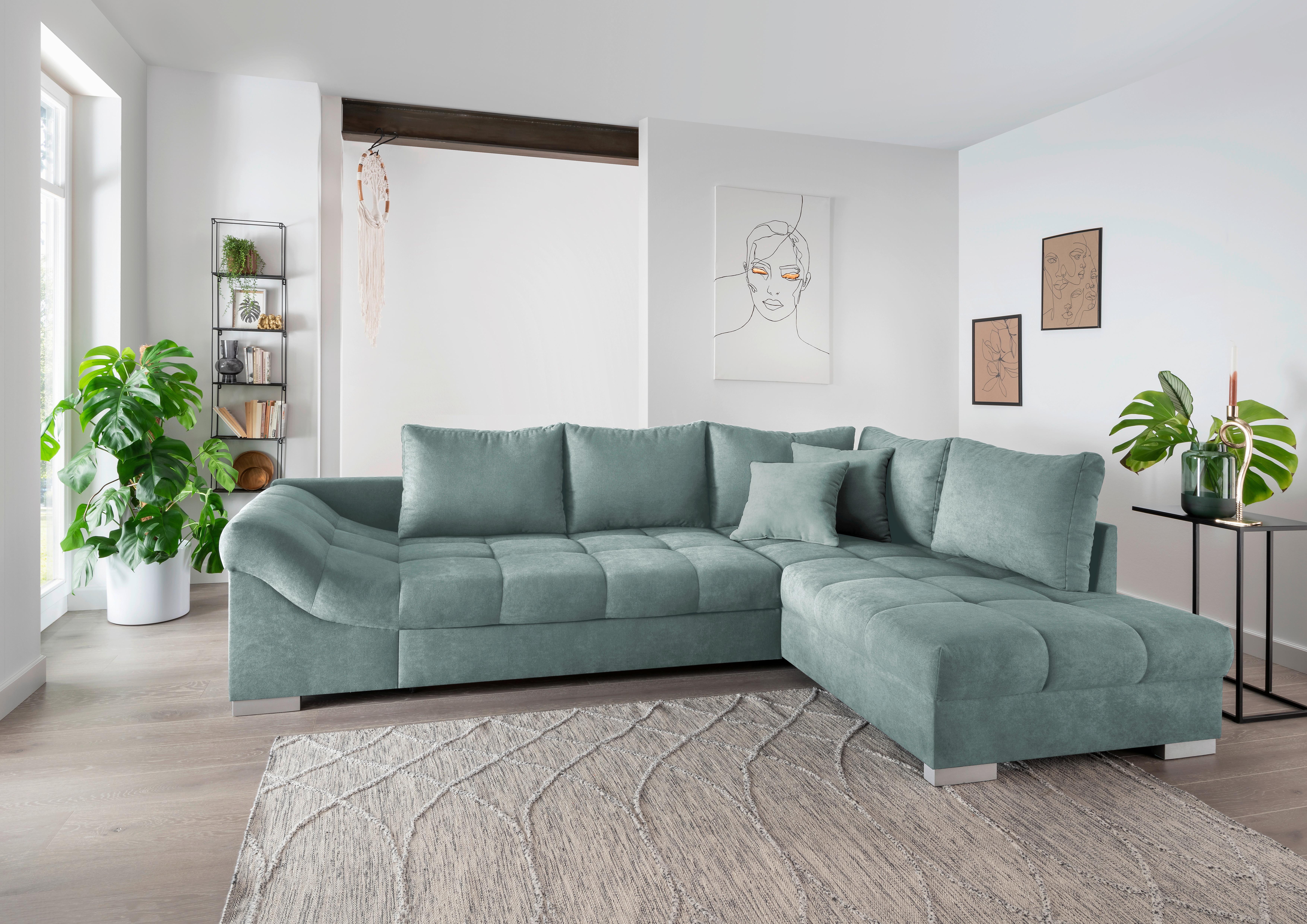 Wohnlandschaft Alvito Mintgrün Nylon/Mikrofaser - Silberfarben/Mintgrün, Design, Holz/Textil (298/202cm) - MID.YOU