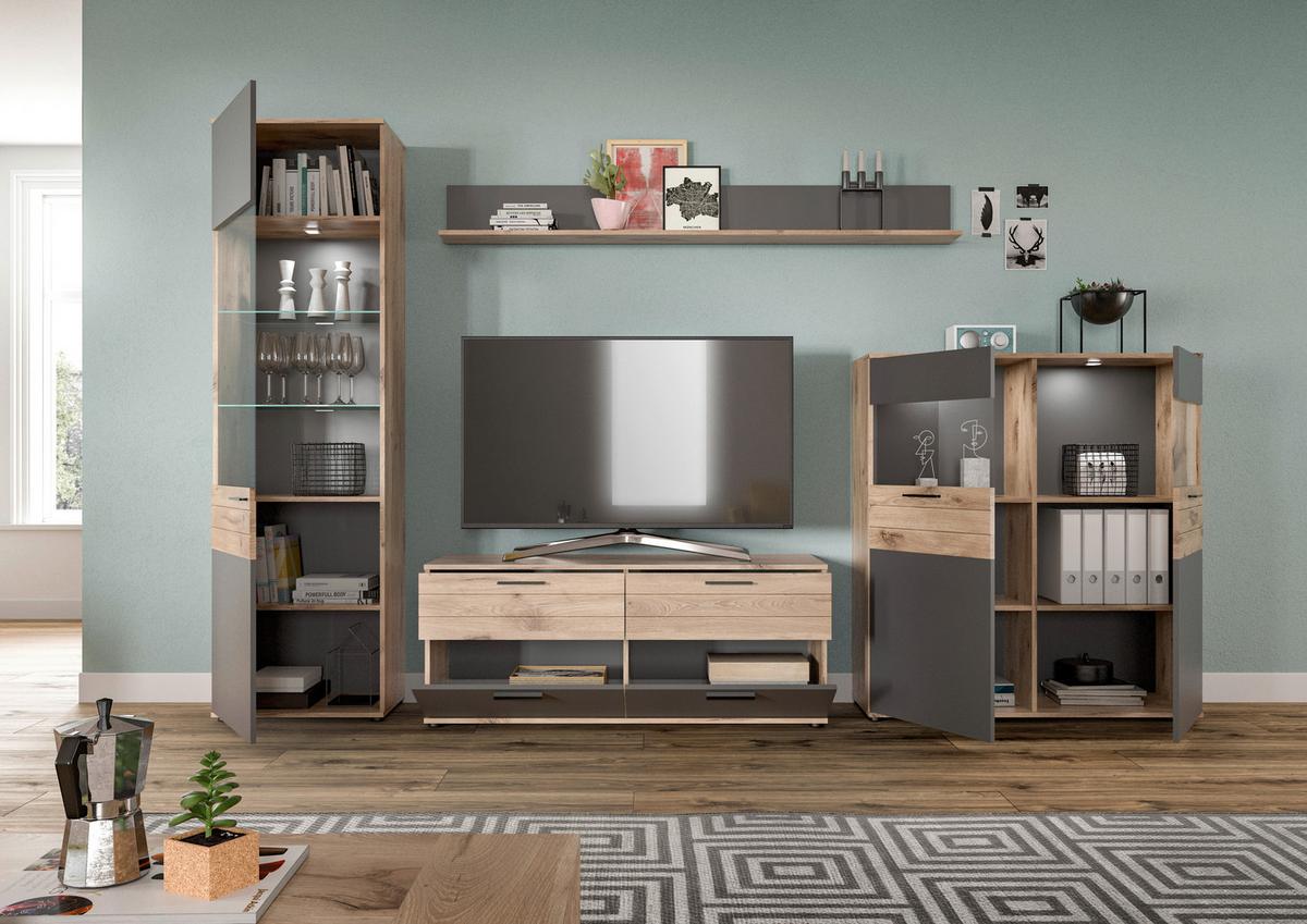 Wohnwand Mason Grau - Schwarz/Grau, KONVENTIONELL, Glas/Holzwerkstoff (327/200/44cm) - MID.YOU