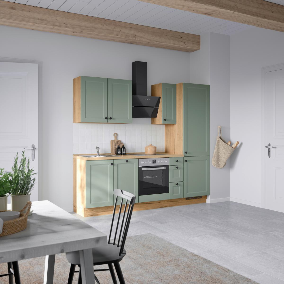 Küchenblock Cascada High m. Geräten Schilfgrün - Schilfgrün/Eichefarben, MODERN, Holzwerkstoff/Metall (240cm) - Nobilia