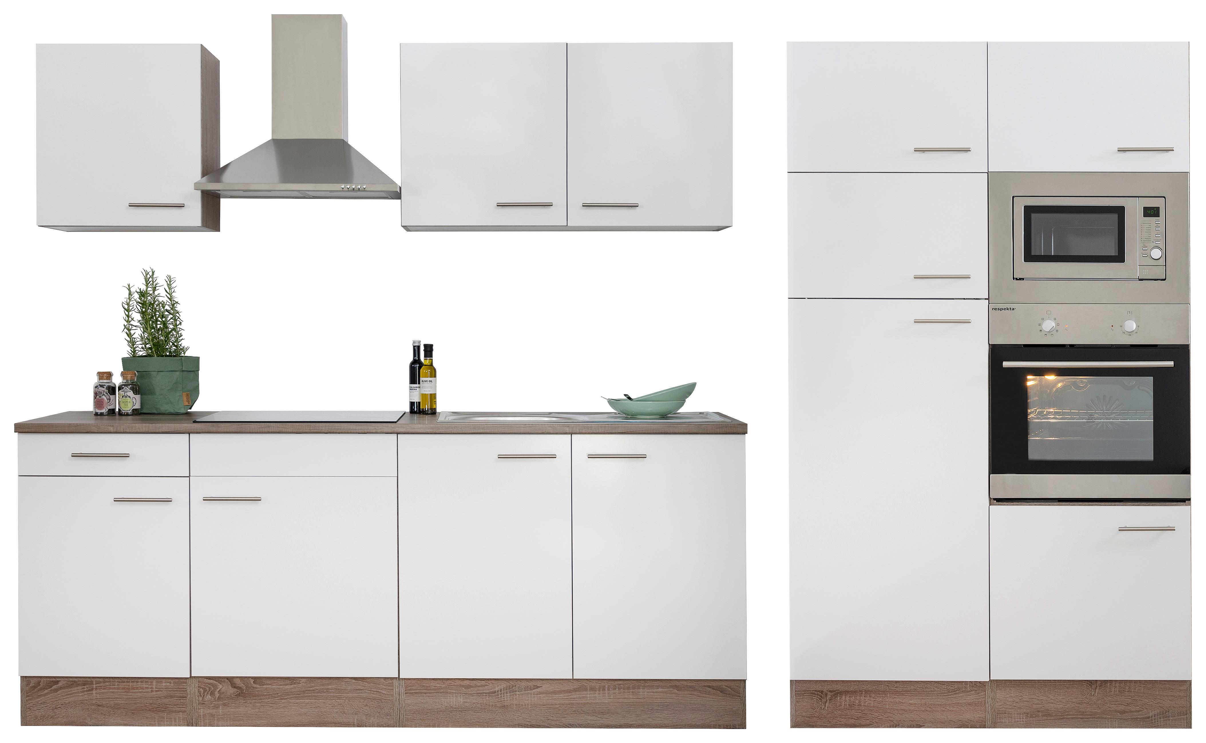 Küchenzeile Economy o. Geräte Weiß/Eiche B: ca. 330 cm - Edelstahlfarben/Eichefarben, Basics, Holzwerkstoff/Metall (330/205/60cm) - Respekta